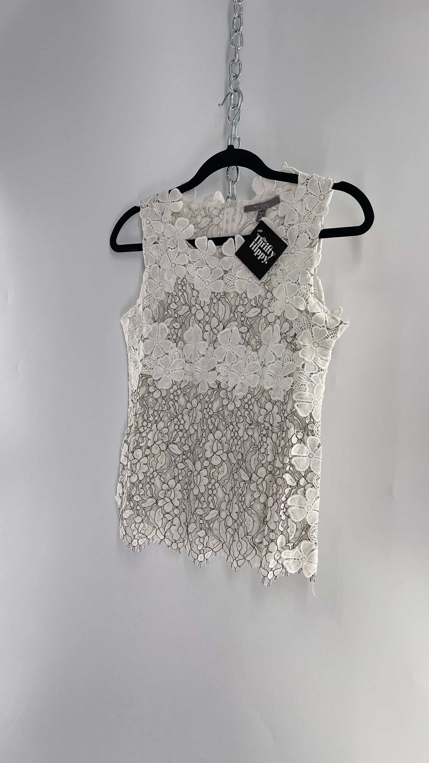 Anthropologie Blue Tassel White Lace Tank with White Lace Under bust and Collar Trim (XS)