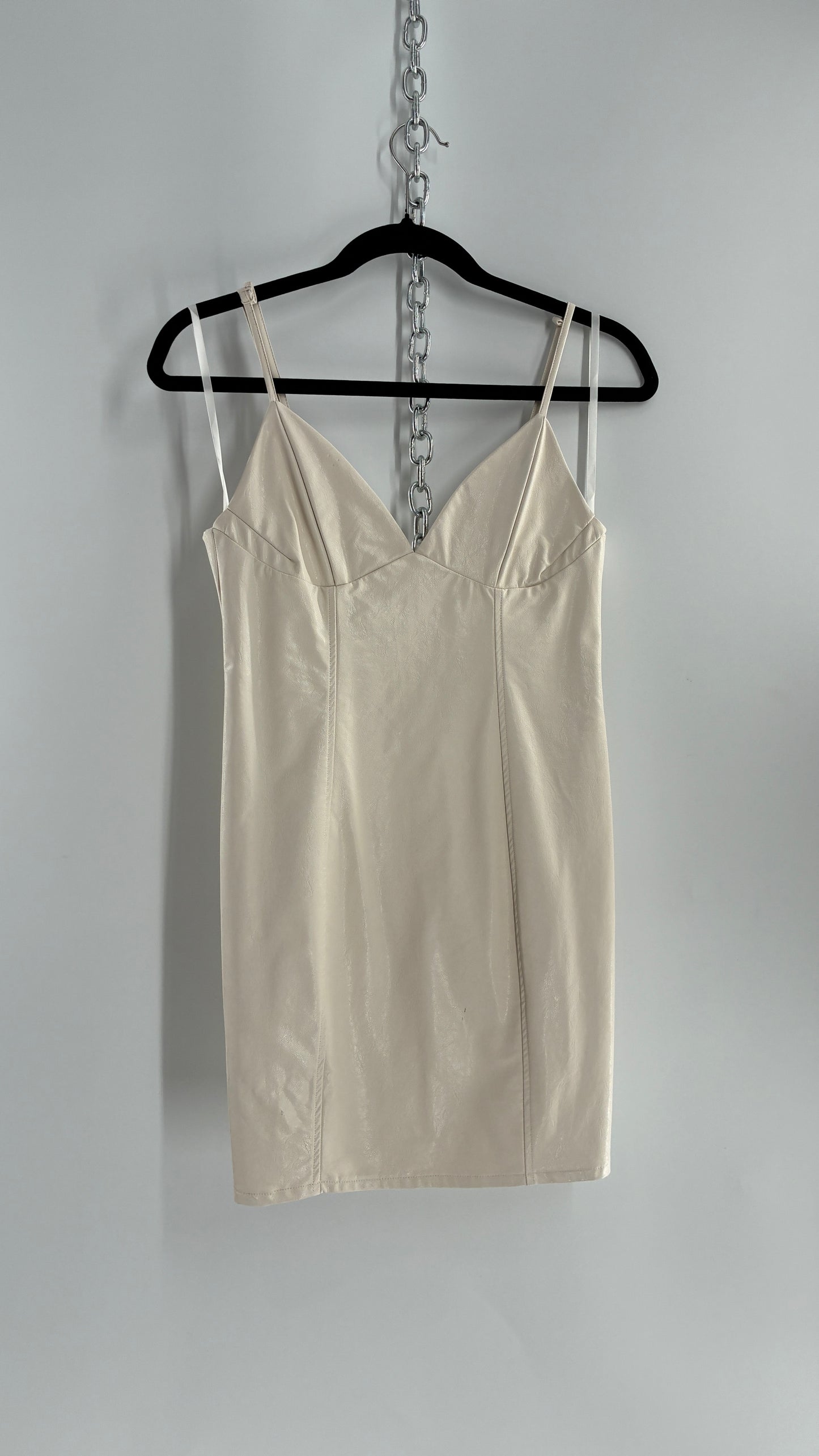 Super Down Vegan White Leather Camisole Mini Dress with Triangle Cups (XS)