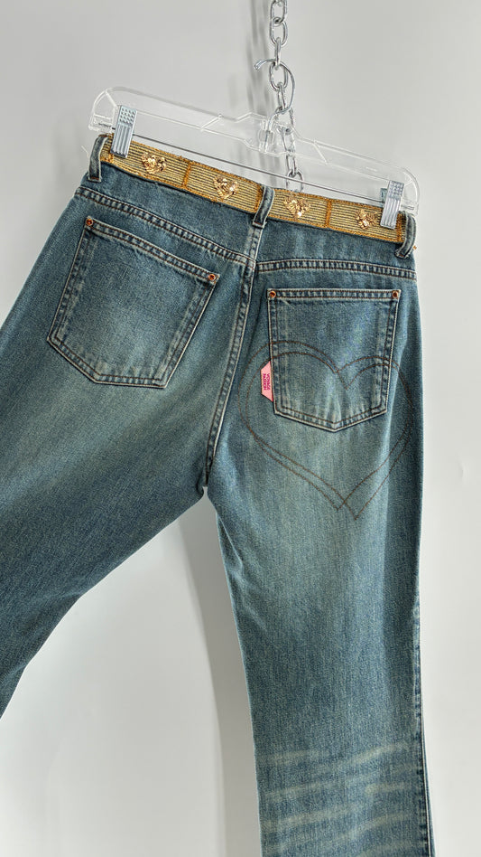 Vintage VOYAGE PASSION Kick Flare Light Wash Jeans with Heart Embroidered Bum and Gold Sequin Belt (28)