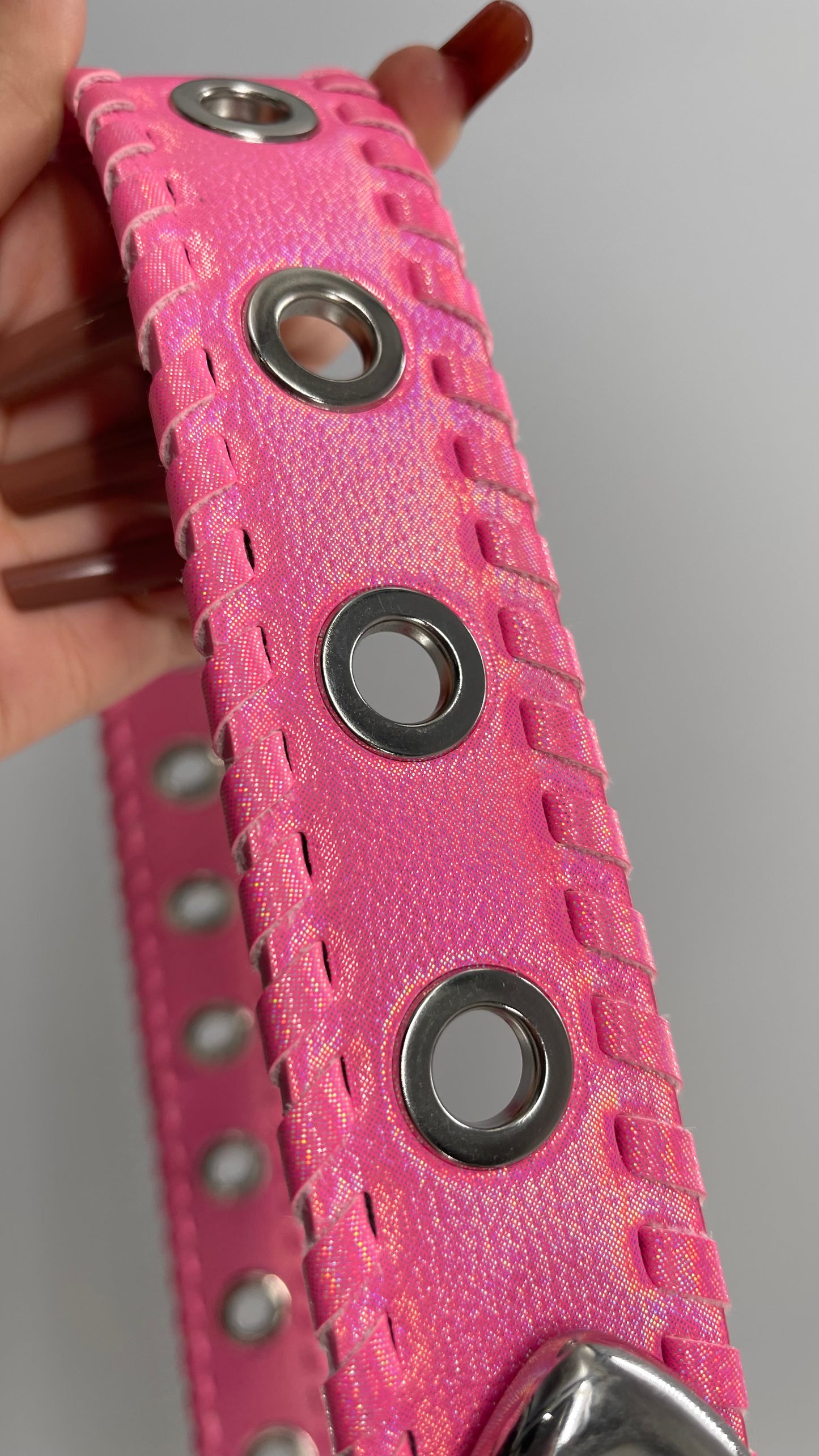 Urban Outfitters Iridescent Pink Belt with Exaggerated Grommets (Medium)