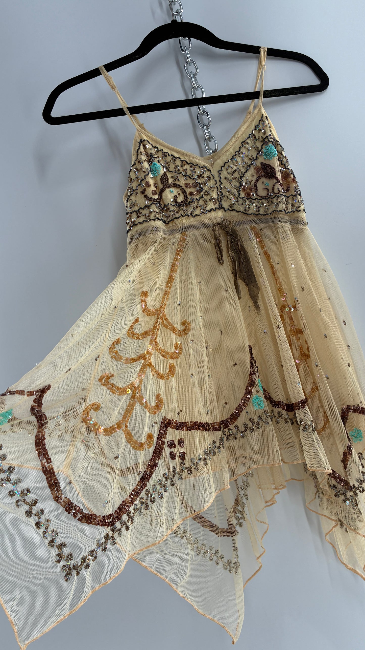 Handmade Beige Handkerchief Camisole with Hand Beaded Details (XS)