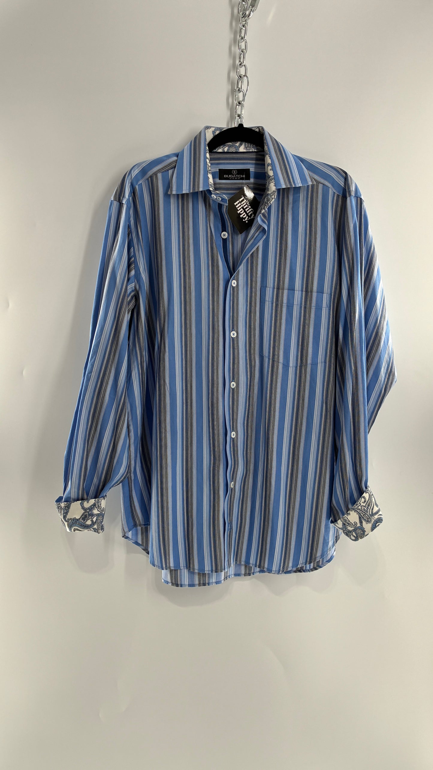 Vintage 1990s Bugatchi Men’s Blue Striped Button Up with Paisley Cuffs (Large)