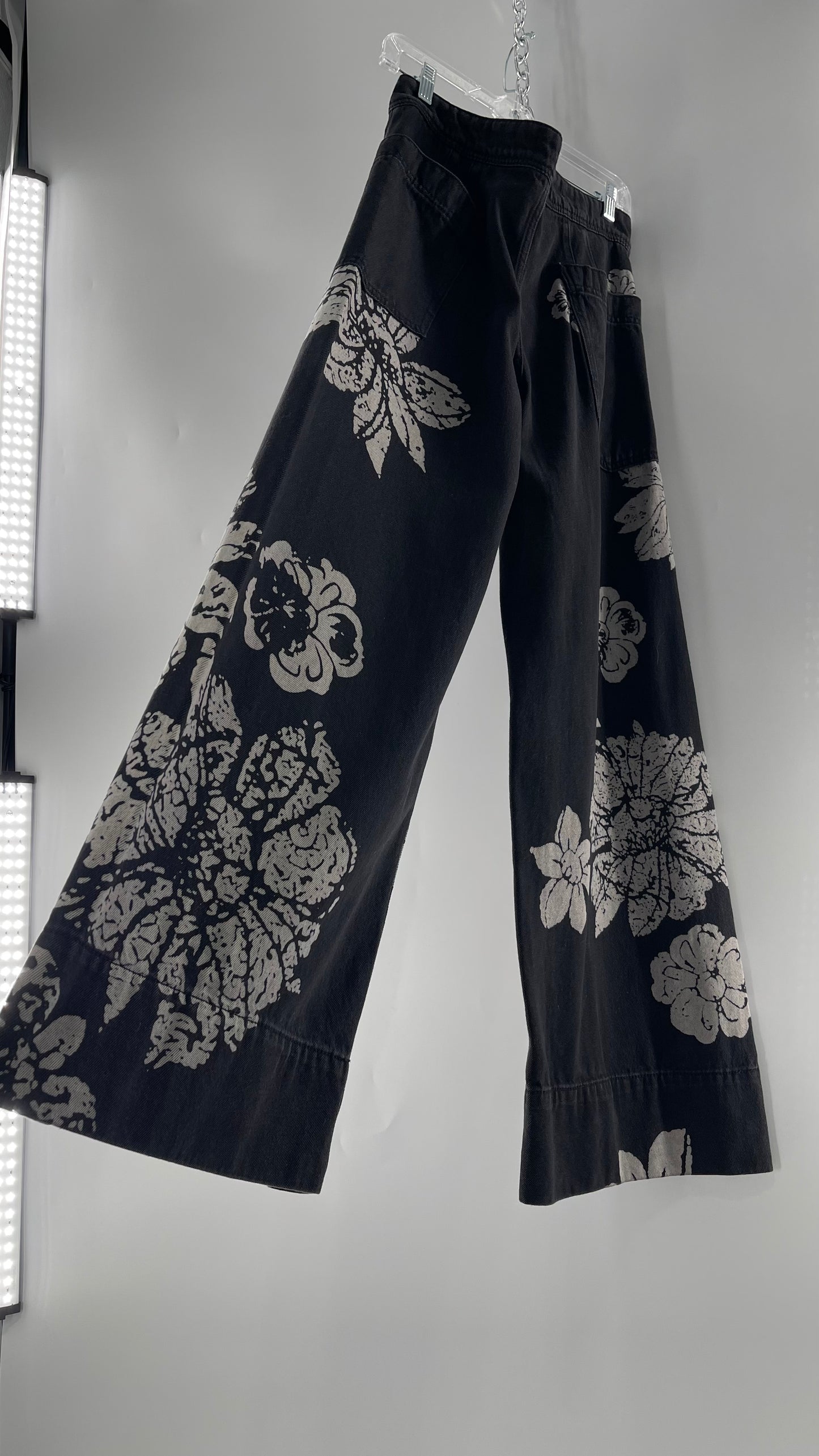 Free People Black Wide Leg Jeans with White Hibiscus Floral Design (29)