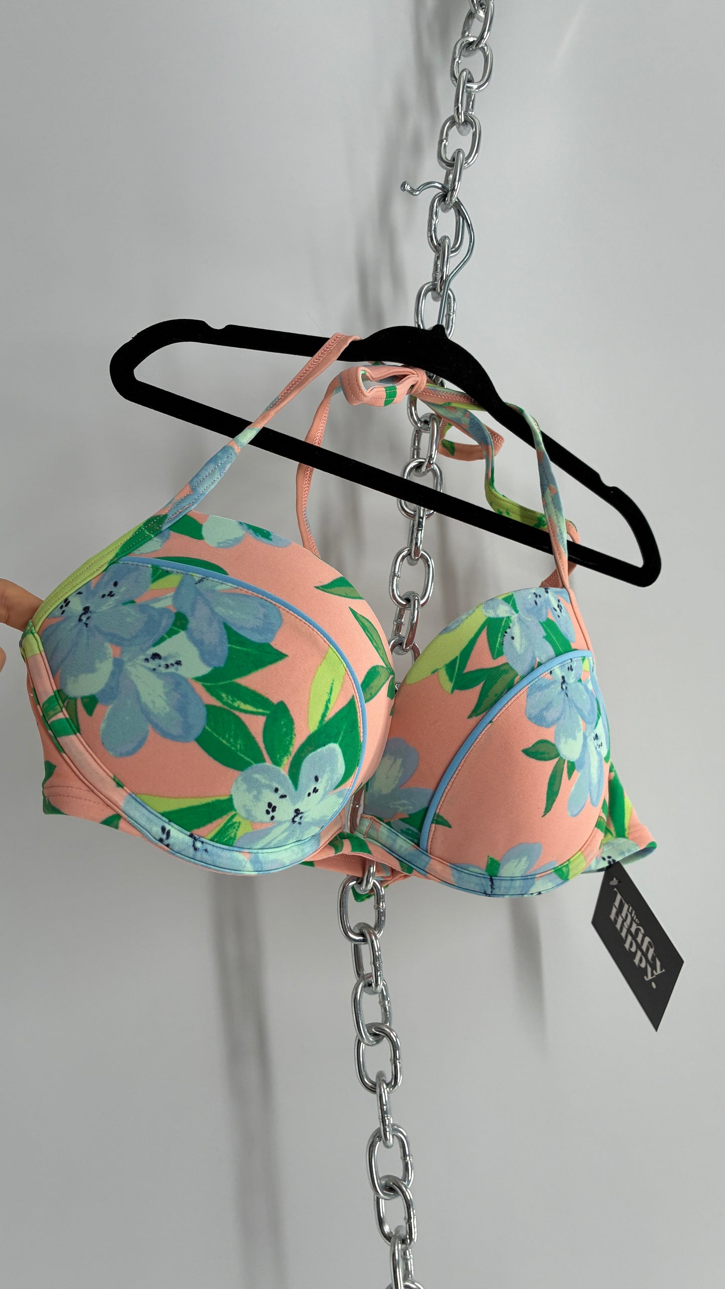 AERIE Peach Underwire Halter Bikini Top with Tropical Florals (34C)