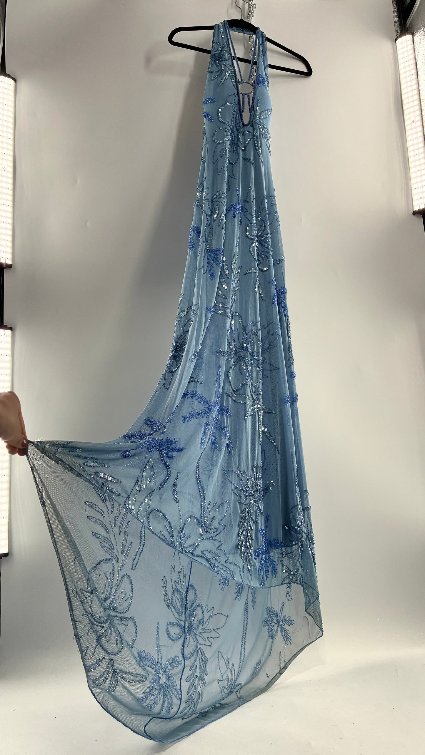 Vintage 1990s Powder Blue Gown Covered in Beaded Appliqué Tropical Designs with Strappy Bust and Low, Open Back (S/M, stretchy no size marked)