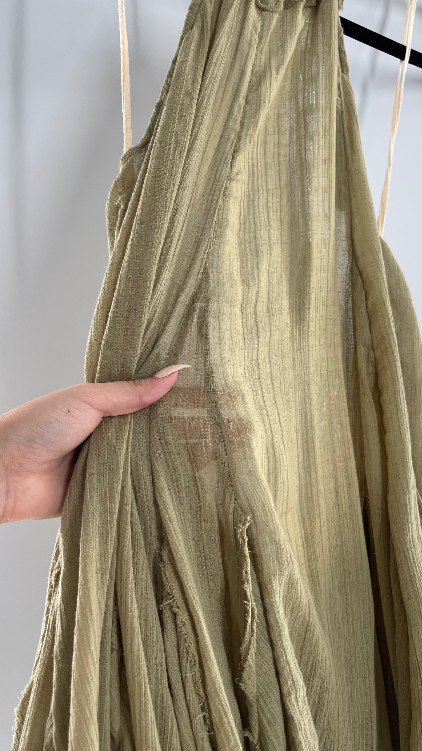 Free People Olive Sage Gauze/Cotton Halter Backless Dress (M)