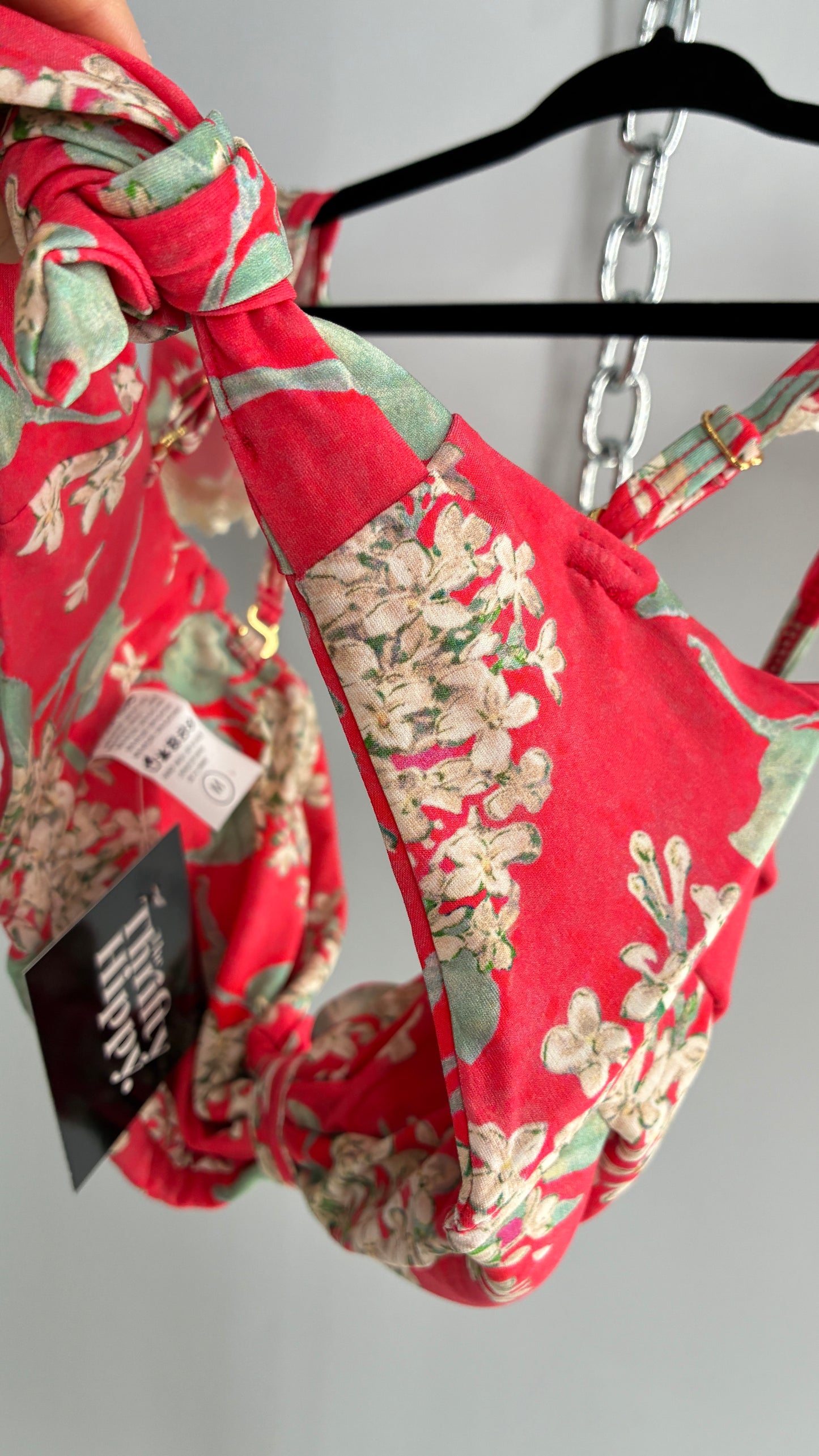 MONTCE Free People Pink Floral Tie Bust Swim Top with Cap Sleeves, Lace Edges, and Tags Attached (Medium)