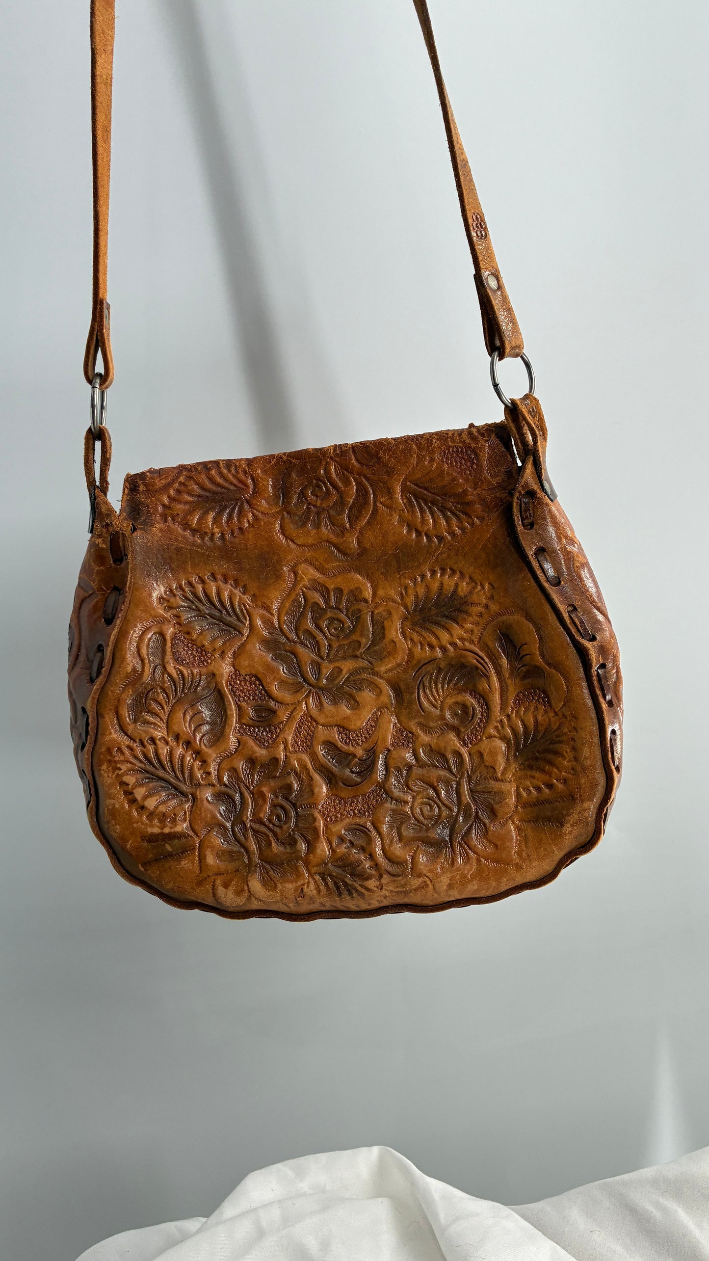 Vintage Made in Mexico Rose Embossed Leather Satchel Bag with Debbie Signature