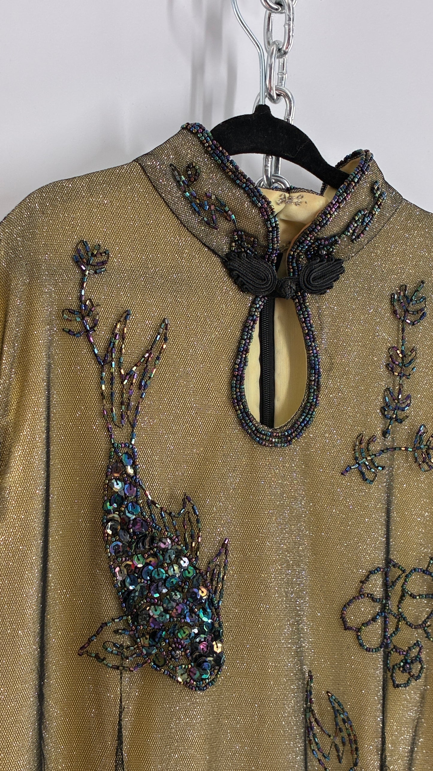 Vintage 1990s One of a Kind Handmade, Green Gown with Beaded Koi Fish, Metallic Tulle Overlay, and Symmetric Back (Medium)