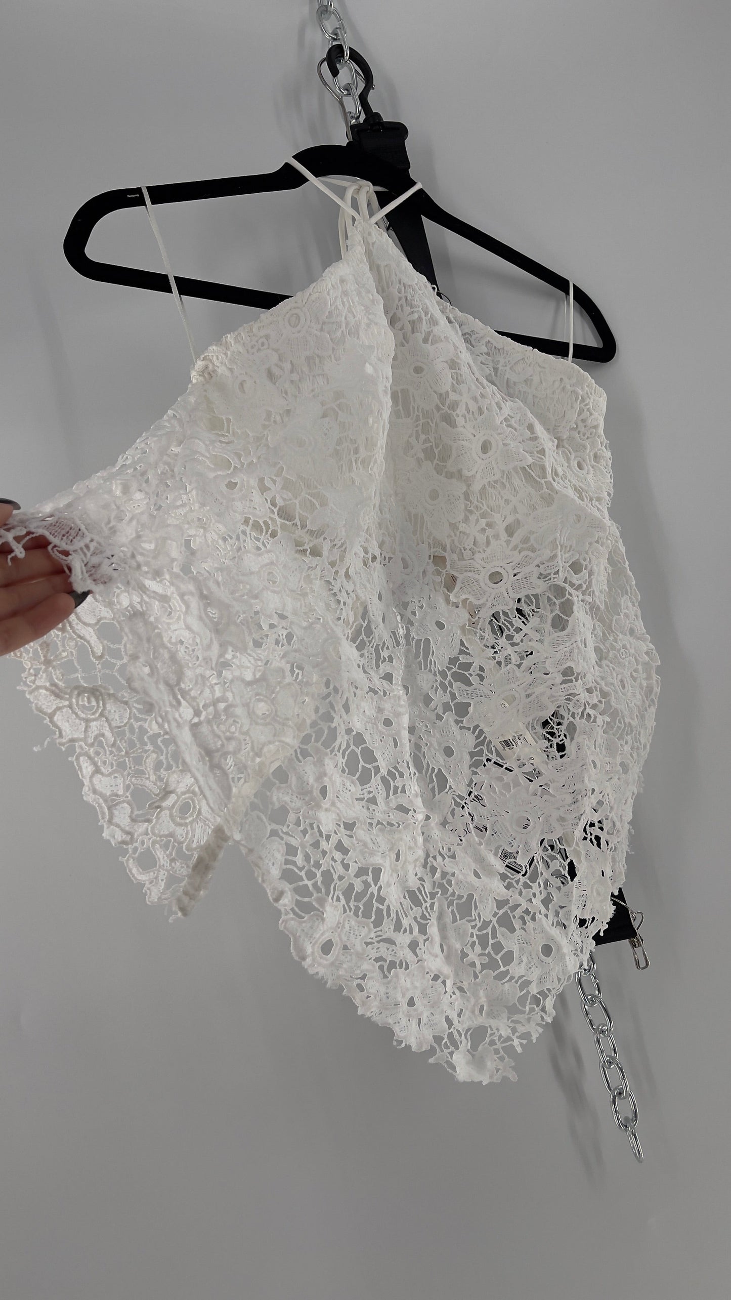 Free People White Smocked Halter with Lace Overlay (Medium)