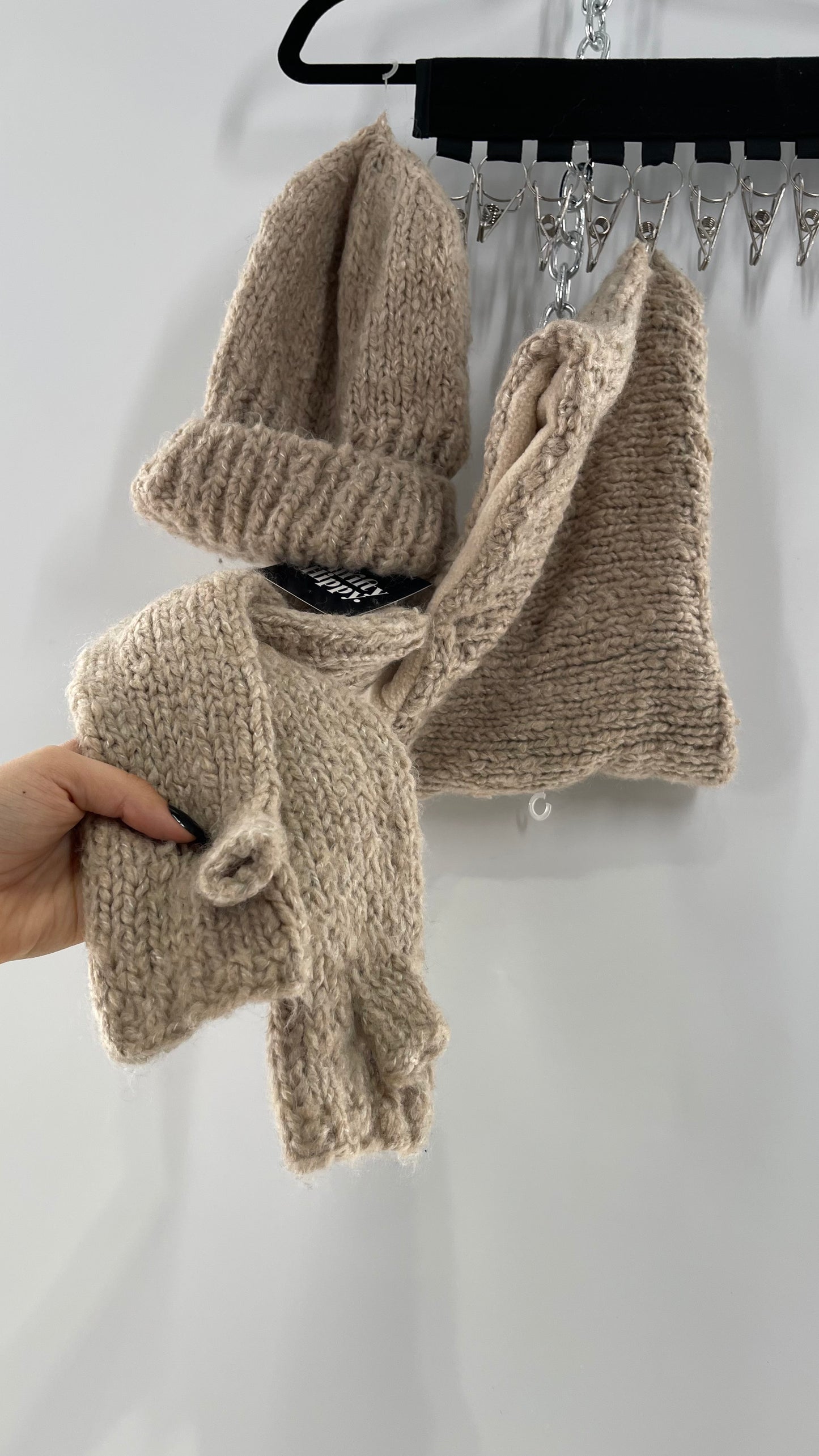 Free People Beige/Tan Knit Gloves, Hat and Scarf Set