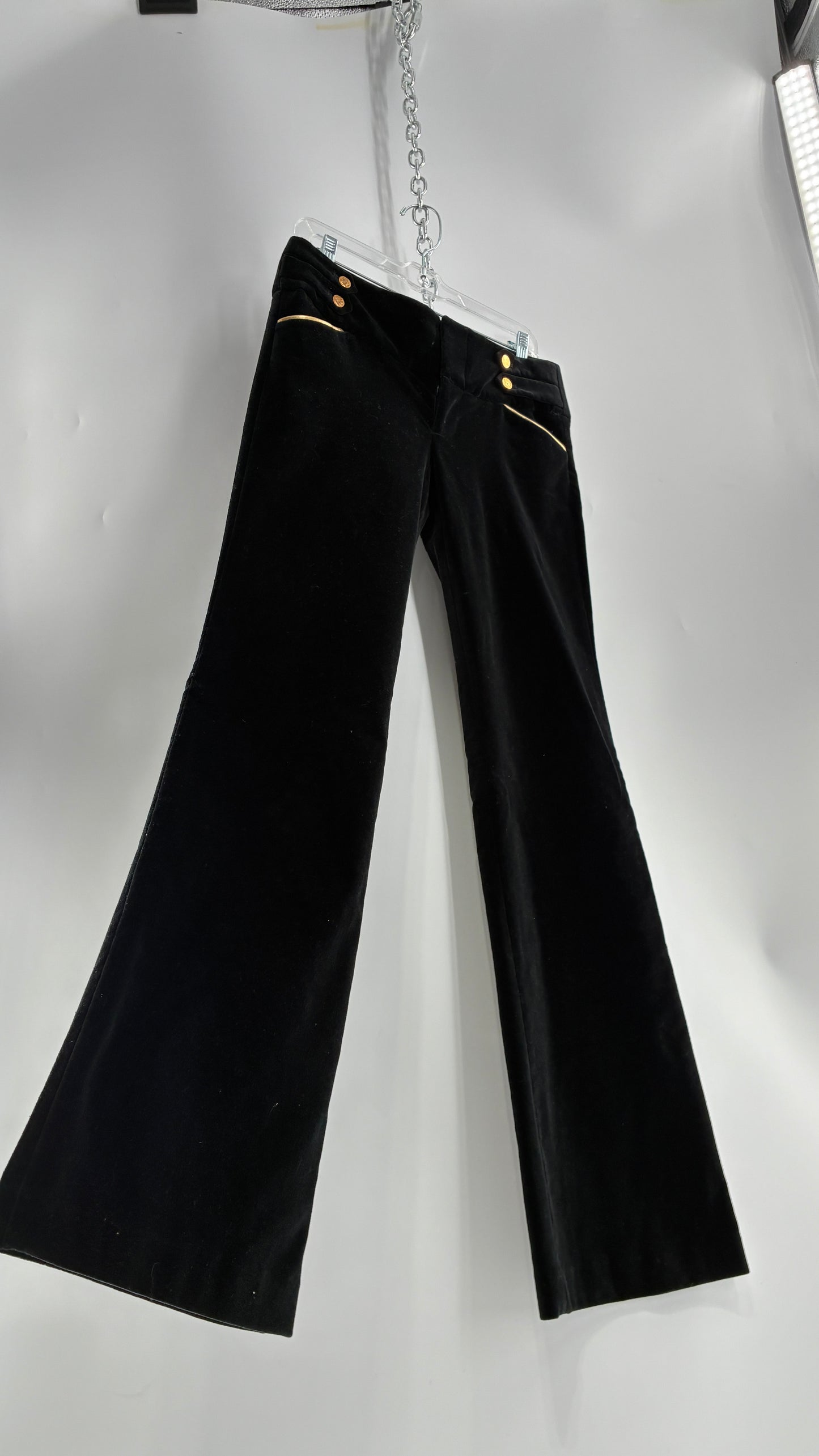 Vintage Alice + Olivia Thick Black Velour Low Rise Kickflare Pants with Thick Waistband with Gold Coin Detailing (6)