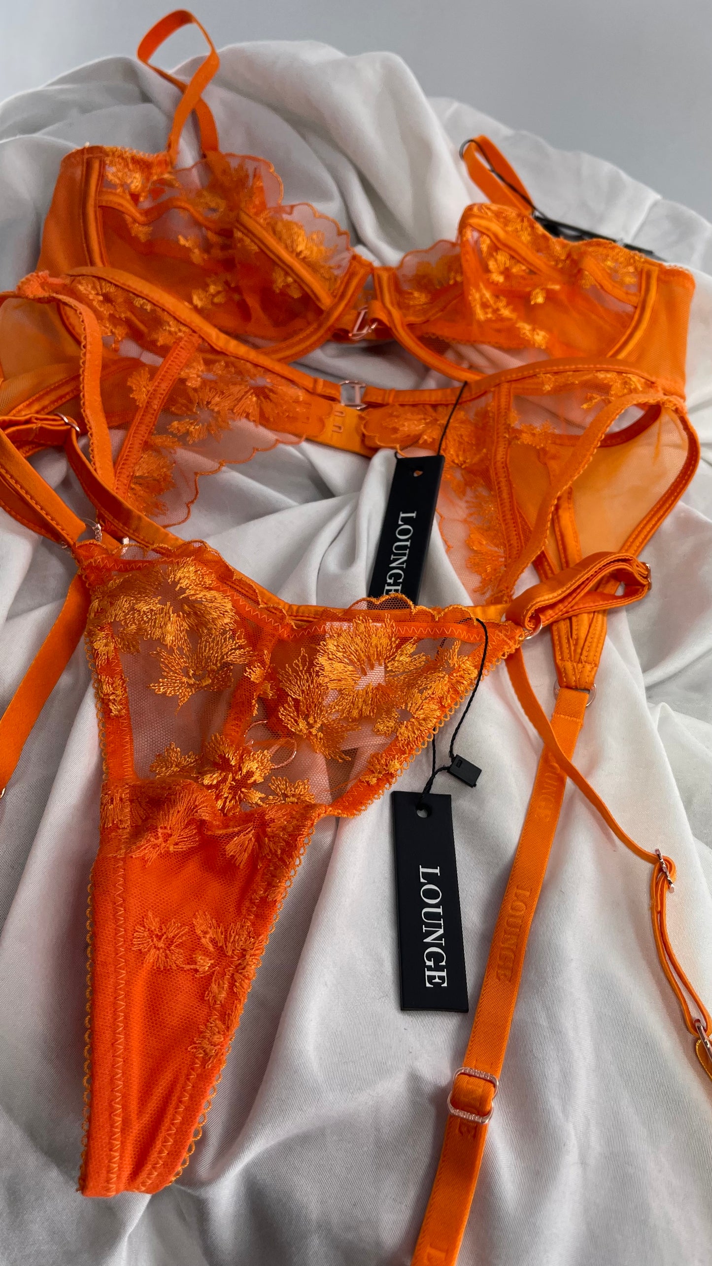 LOUNGE Orange Ava Bra, Garter and Panty Set with Tags Attached (32C, XS)