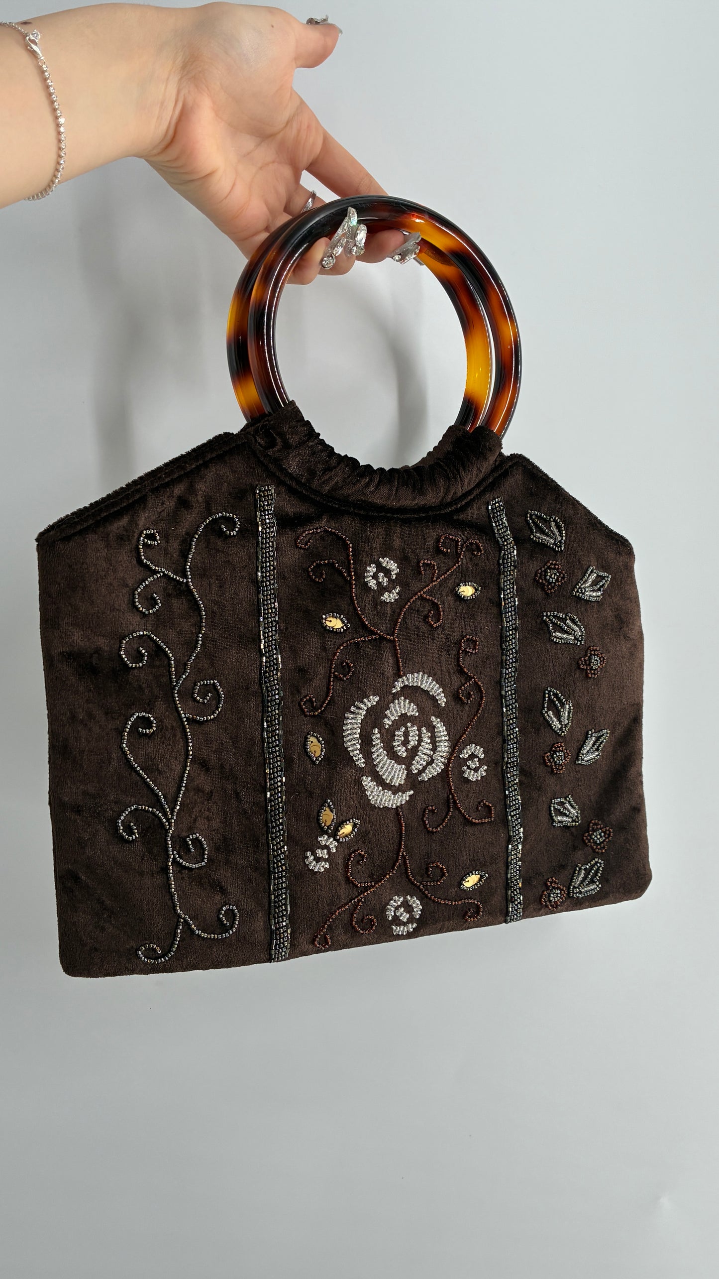 Vintage Silver Blue USA Brown Beaded Velvet Handbag with Circular Clutch