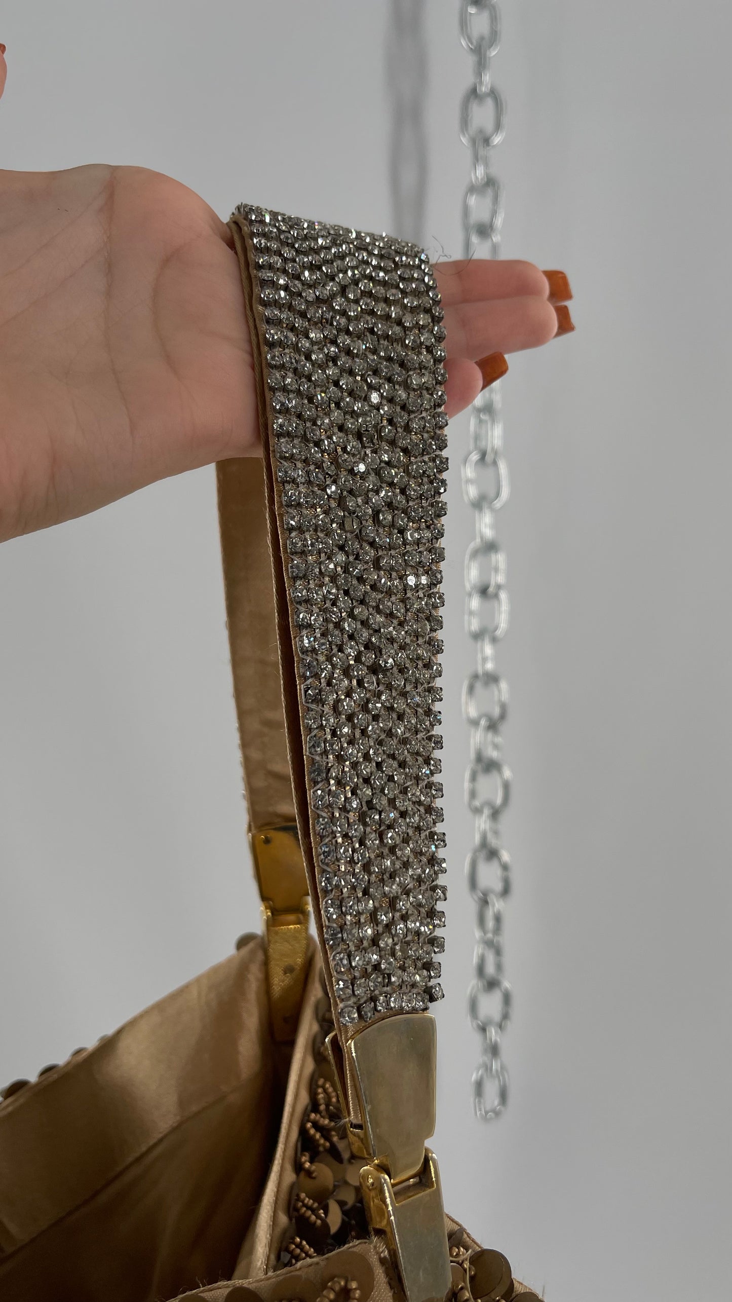 Deadstock The Find Marvelous Bronze Beaded Sequin Tote Bag with Gemstone Strap