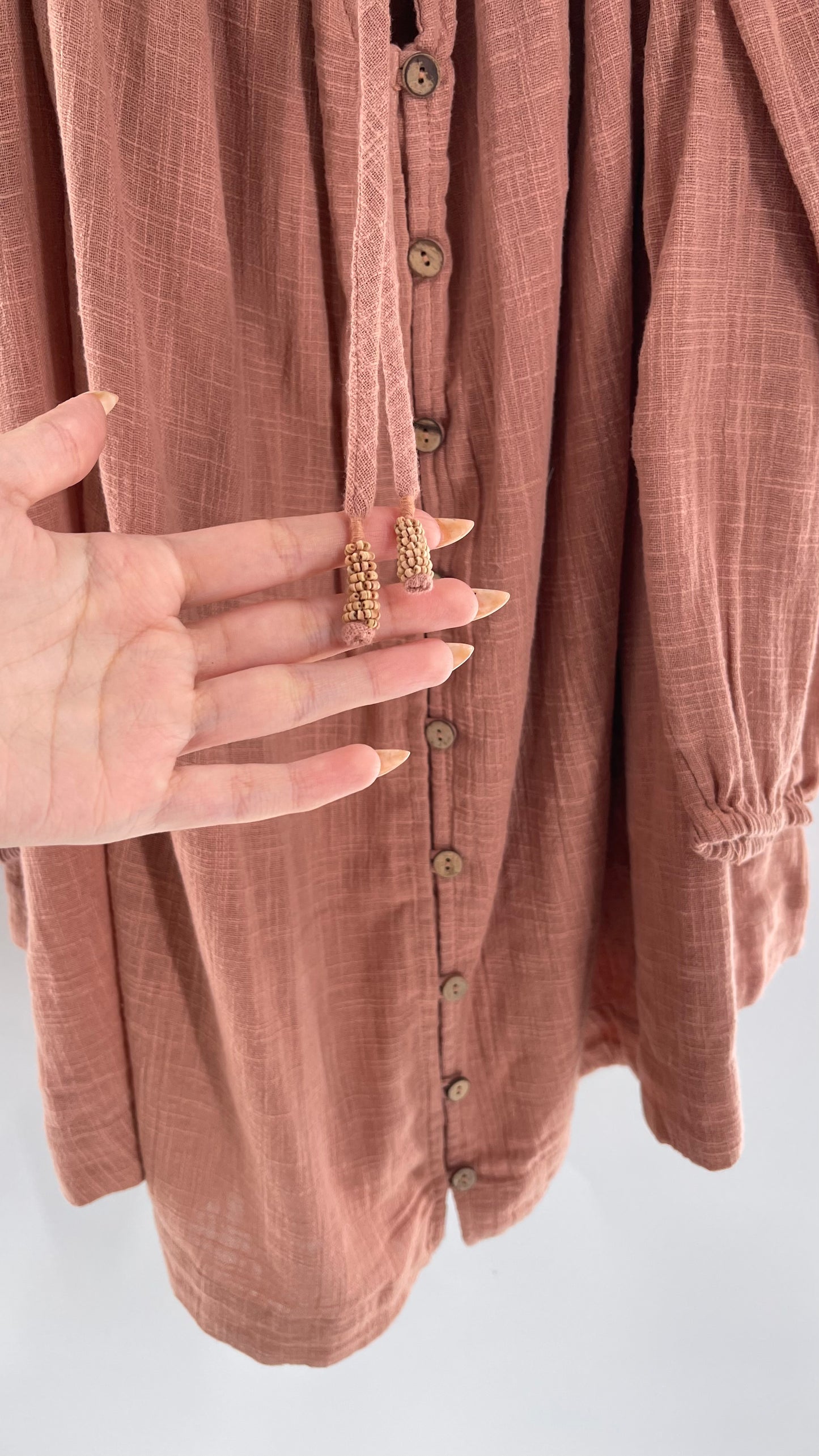 Free People Cotton Blush Pink Button Front Cold Shoulder Dress (Medium)