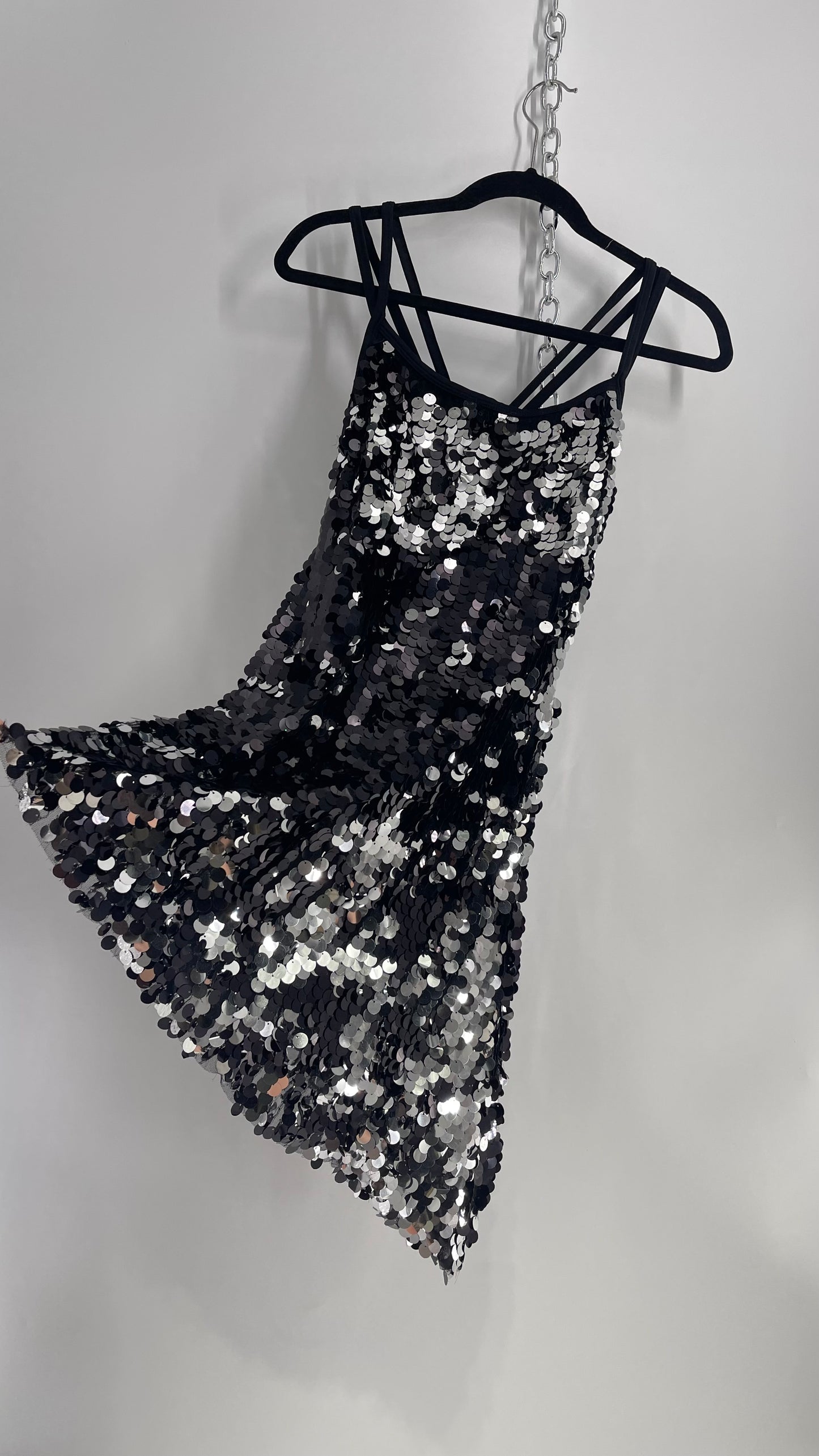 Vintage Revolution Dancewear Black/Silver Sequin Tank with Asymmetric Hem and Built in Shorts (Medium)