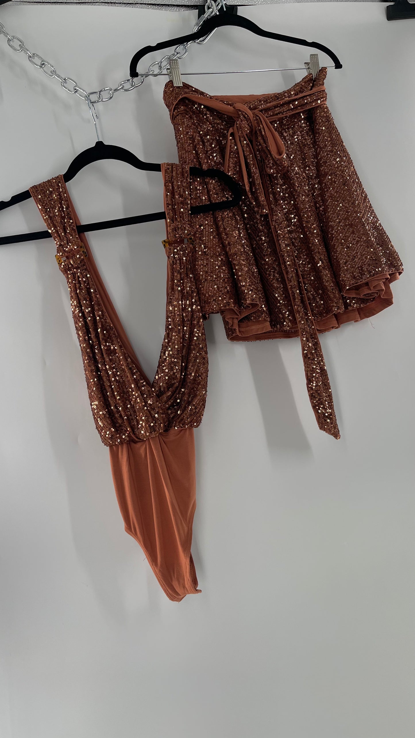 Free People Bronze Sequin 2Piece Set with Wrap Around Skirt and Bodysuit (XS body, S Skirt)