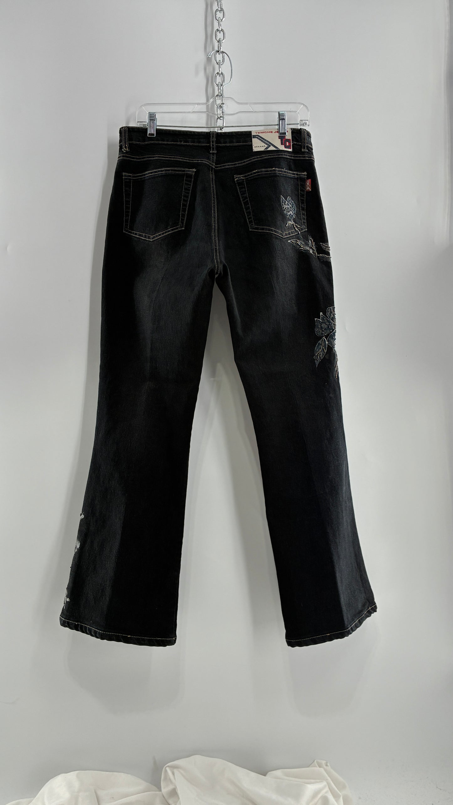 Vintage TEMCHE JEANS Dark Wash Jeans with Painted, Beaded Florals