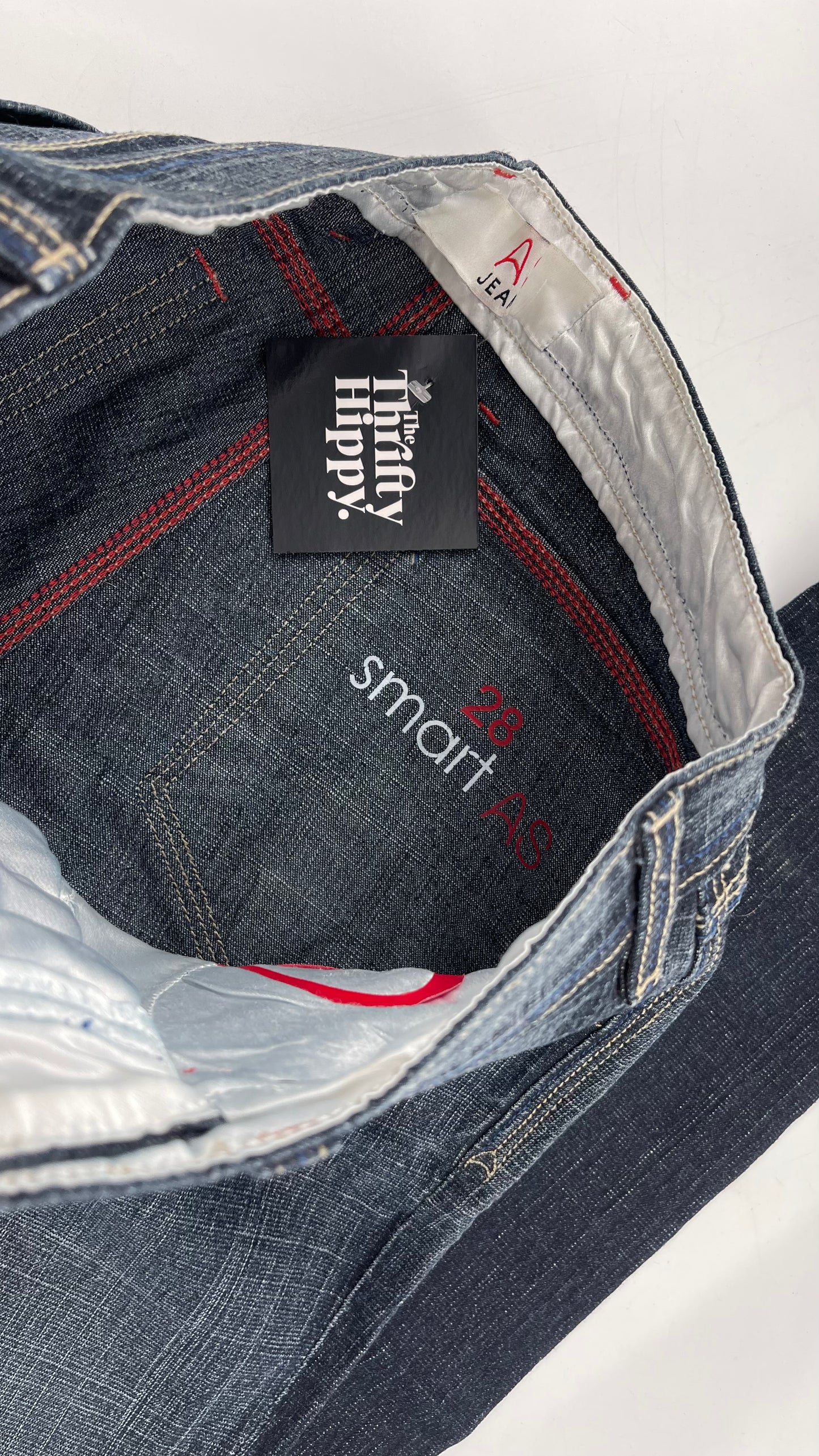 Vintage Smart AS JEANS Dark Wash with Grain and Embroidered/Embellished Kiss Rock Logo (28)