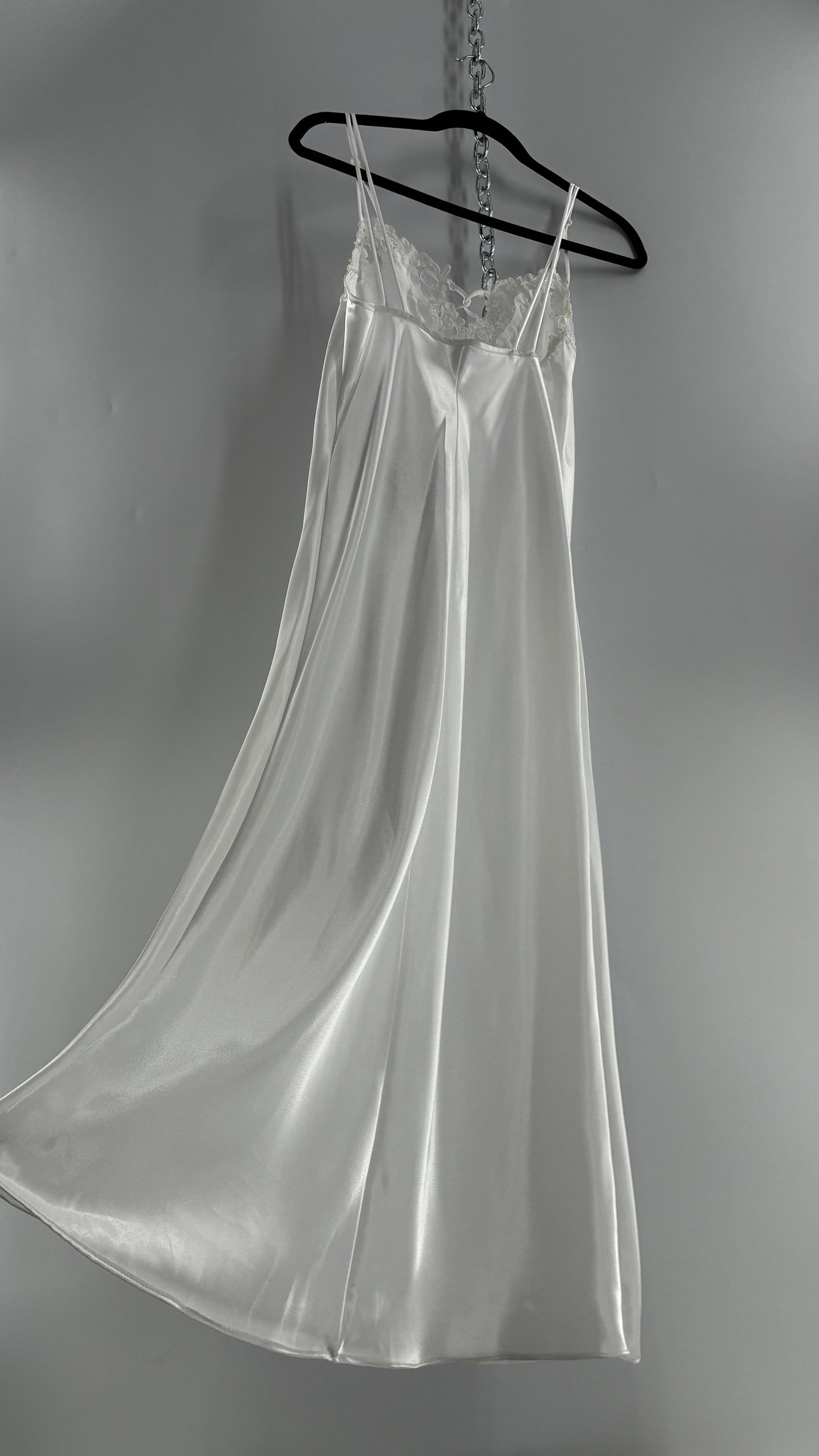 Vintage California Dynasty White Glossy, Silky Night Gown Style Dress with Sequined Lace Bustline (Small)
