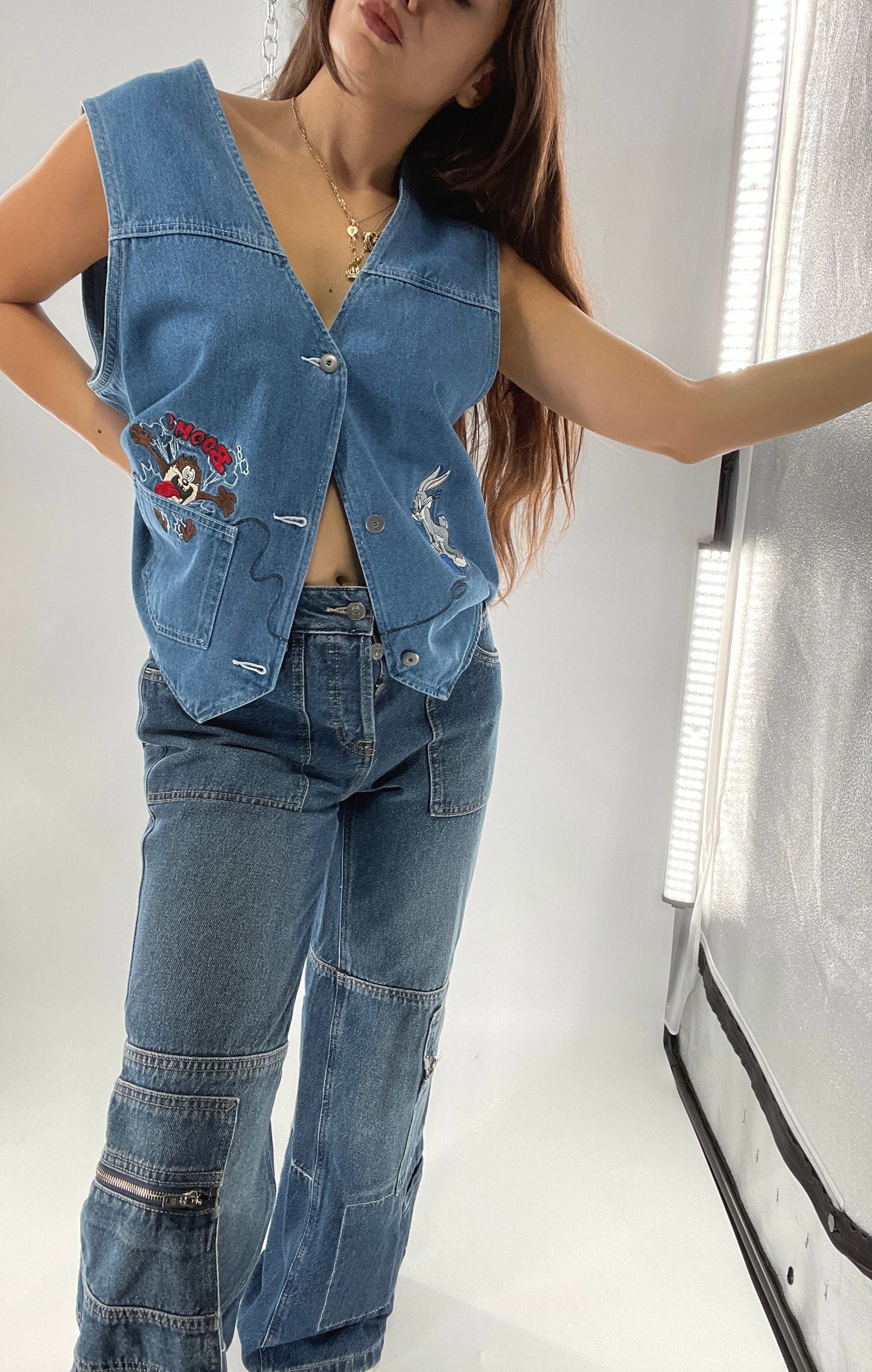 Vintage Looney Tunes Denim Vest with Embroidered Characters (Large)
