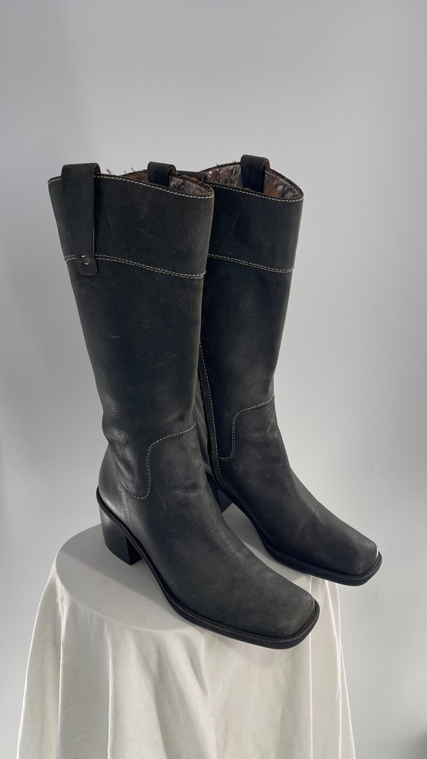 Vintage Nine West Dark Grey Leather Square Toe Heeled Knee High Boots (7.5)