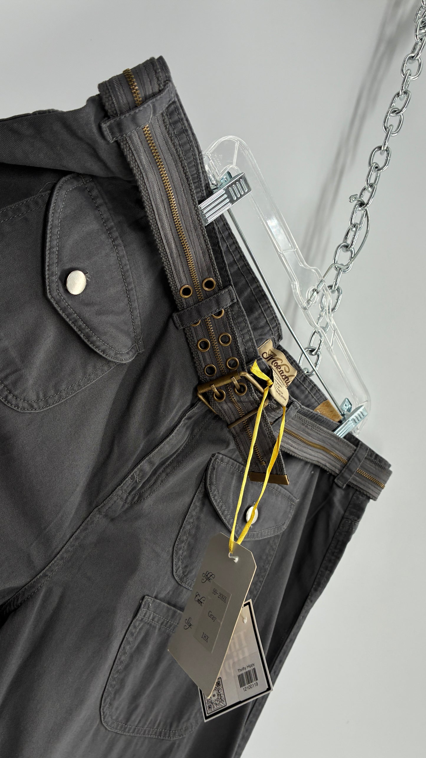 Deadstock Vintage MOKACHINO Grey Low Rise Kick Flares with Zipper Belt and Hip Pockets (18X)