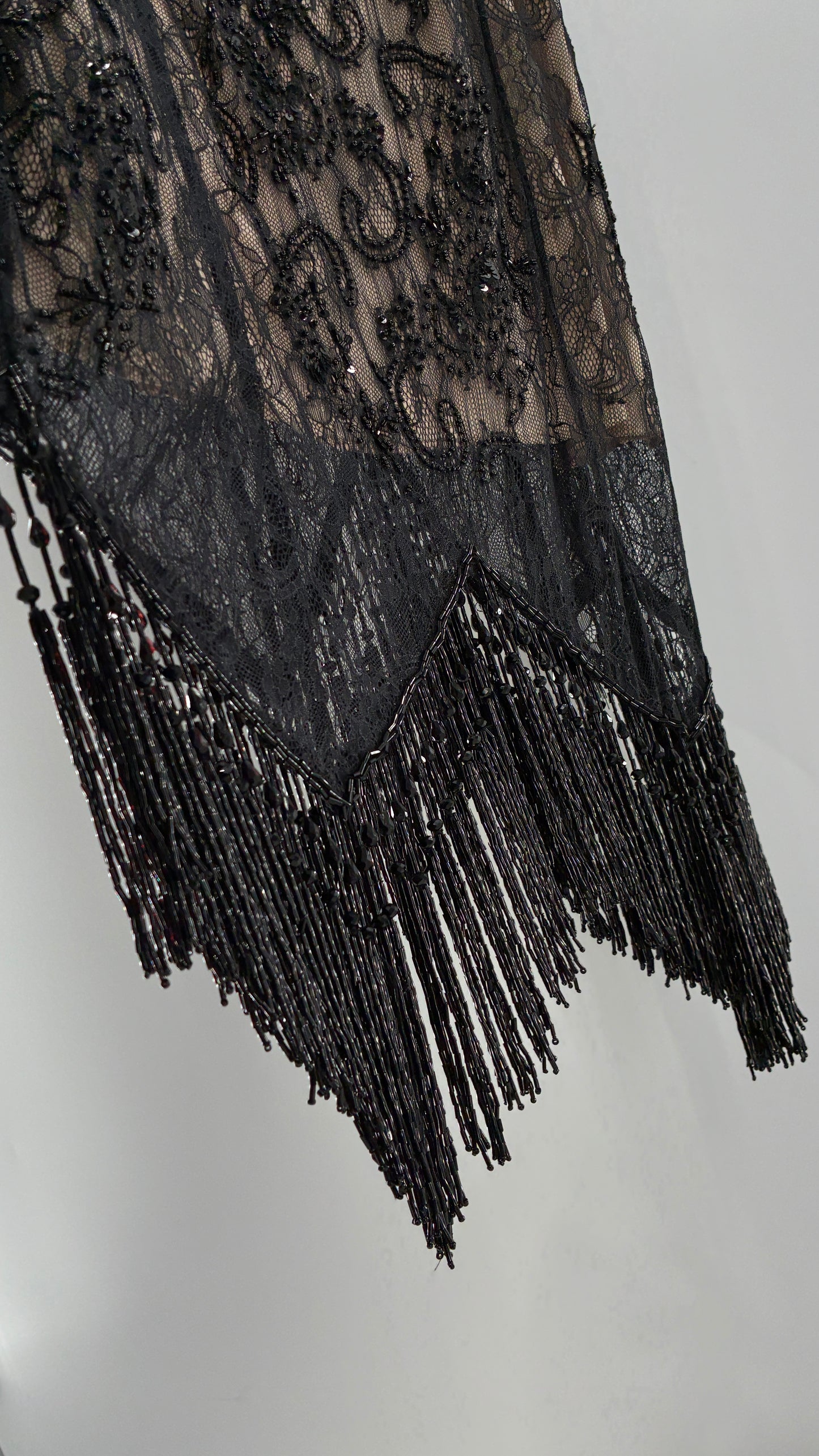 Vintage Haute Hippie Black Lace Nude Underlay Dress with Pointed Heavily Beaded Fringe Hem (2)