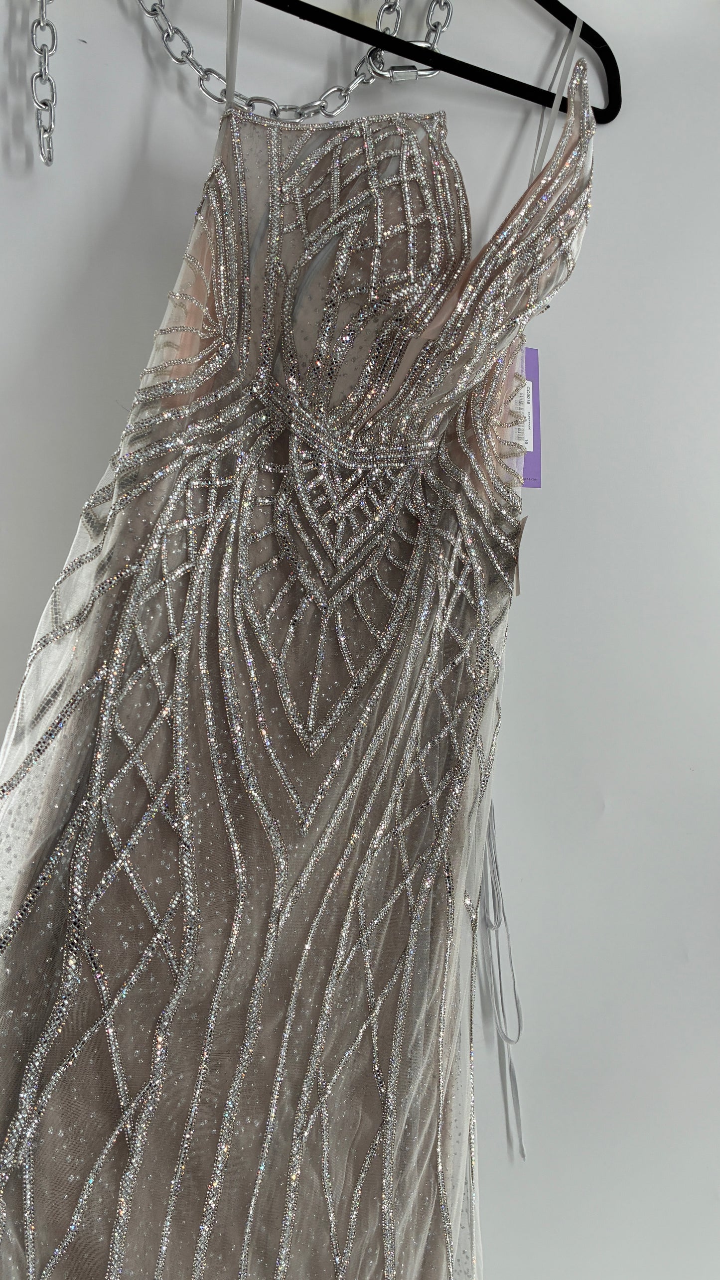 NWT LADIVINE by Cinderella Divine Silver Nude CC6018 Mermaid Corseted Gown with Multiple Layers of Tulle, Covered in Crystal Strips (16)
