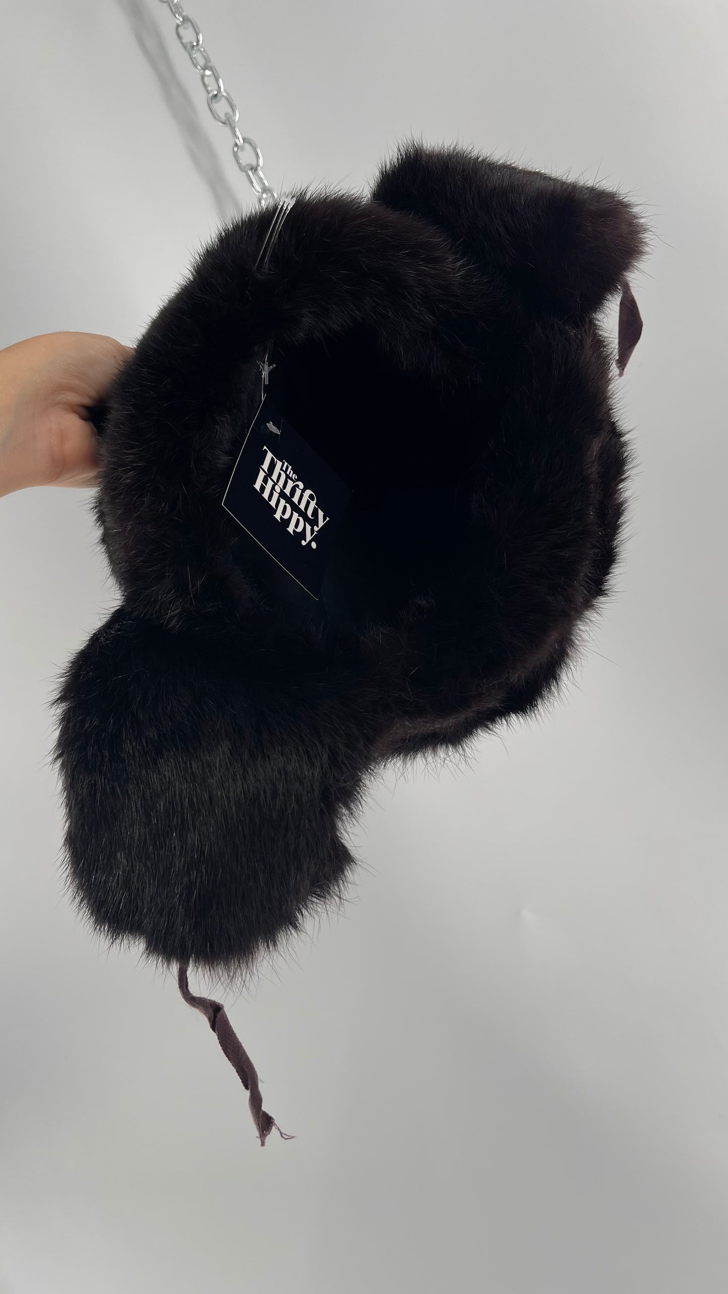 Vintage Russian Black Genuine Rabbit Fur Roller Hat with Pull Down Ear Muff Flaps