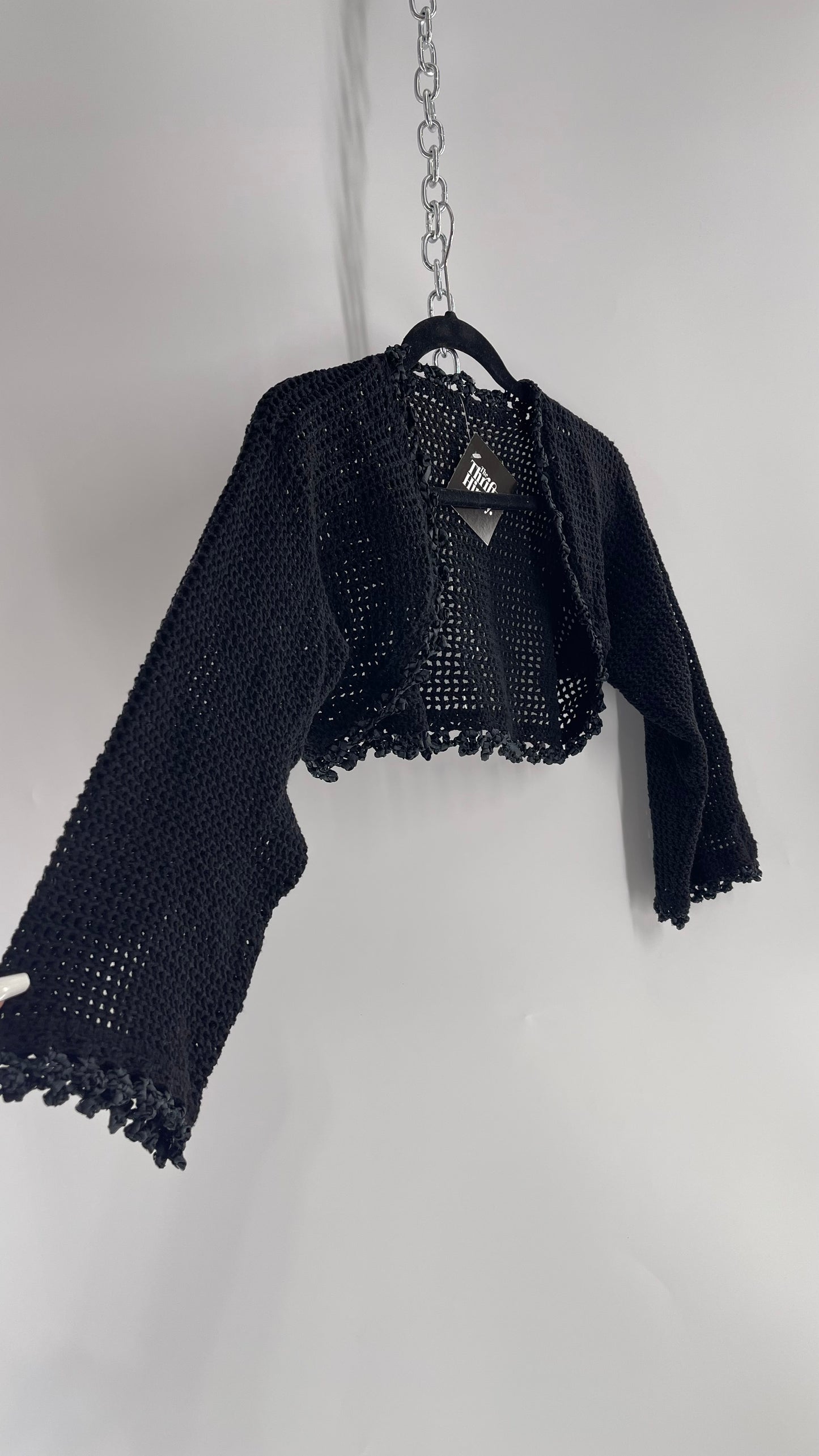 Vintage Black Hand Knit Crochet Shrug with Ribbon Detailing (Medium)