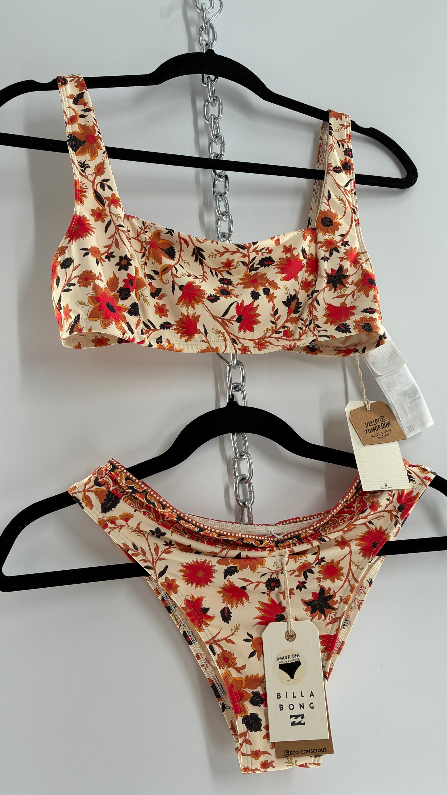 BILLABONG Orange Florals Swimsuit with Tags Attached (Medium)