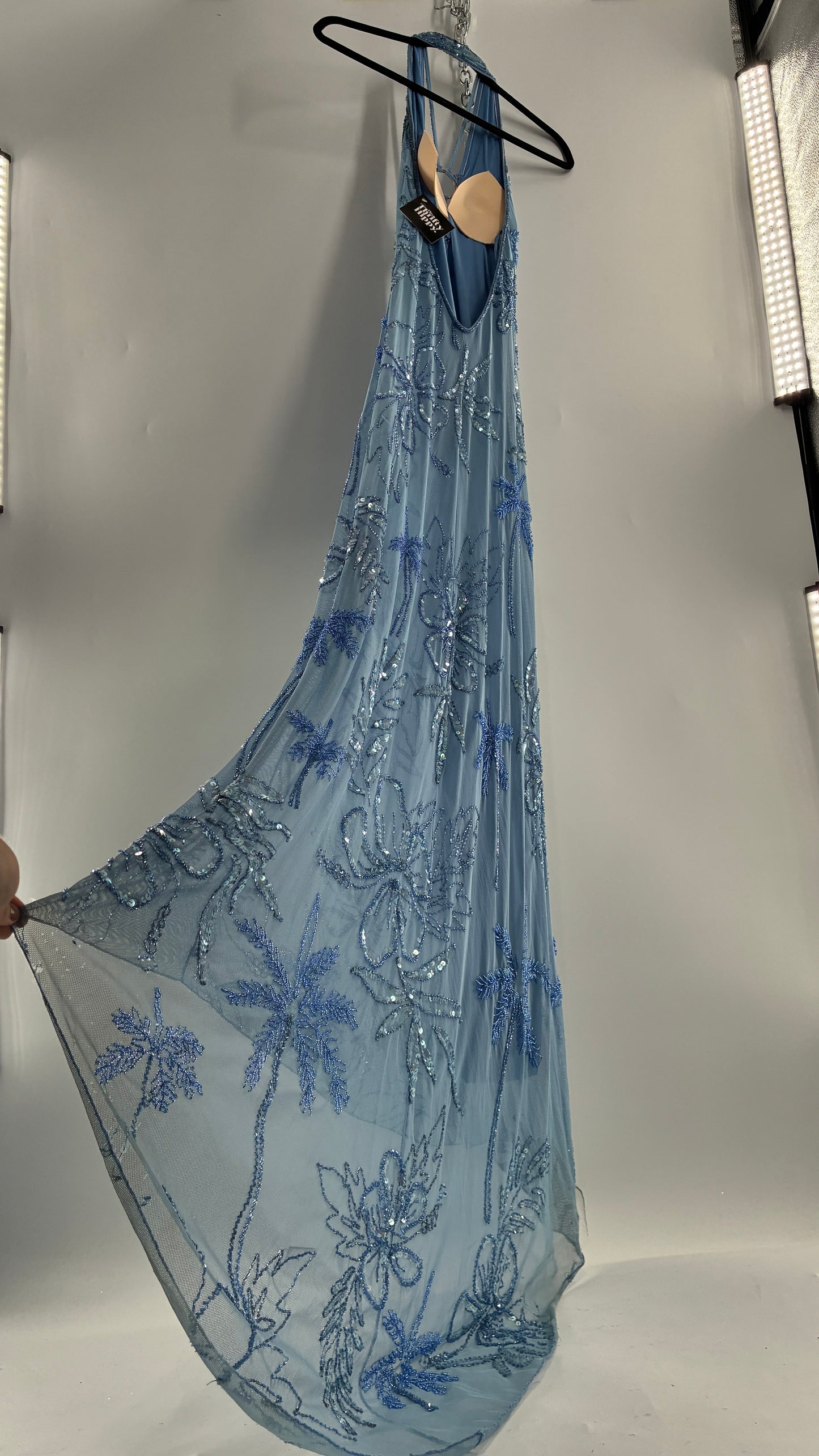 Vintage 1990s Powder Blue Gown Covered in Beaded Appliqué Tropical Designs with Strappy Bust and Low, Open Back (S/M, stretchy no size marked)