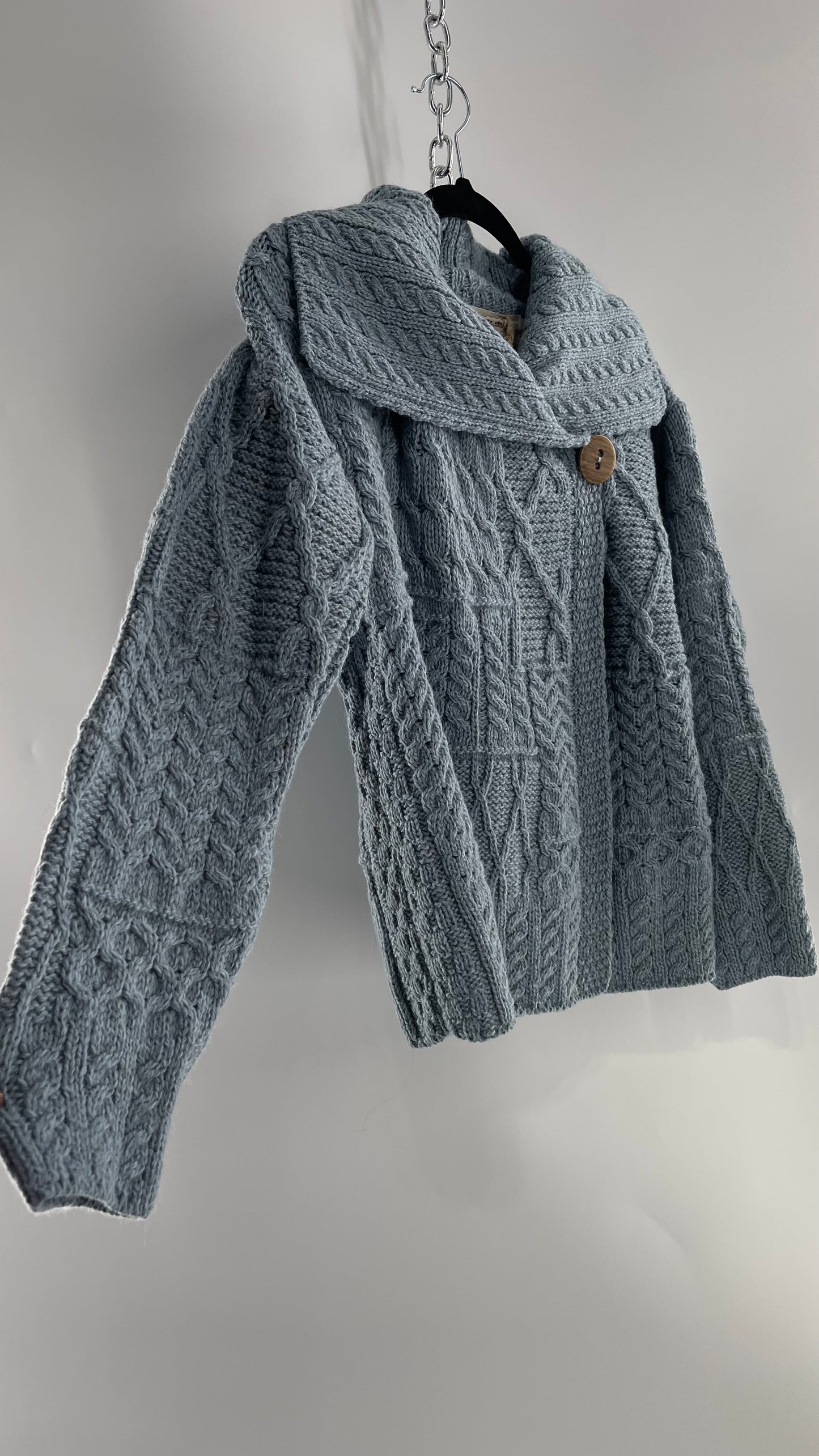 Authentic Irish Aran Sweater Market Slate Blue Aran Stitch Sweater with Oversized Wooden Button Detail and Certificate of Authenticity (Small)
