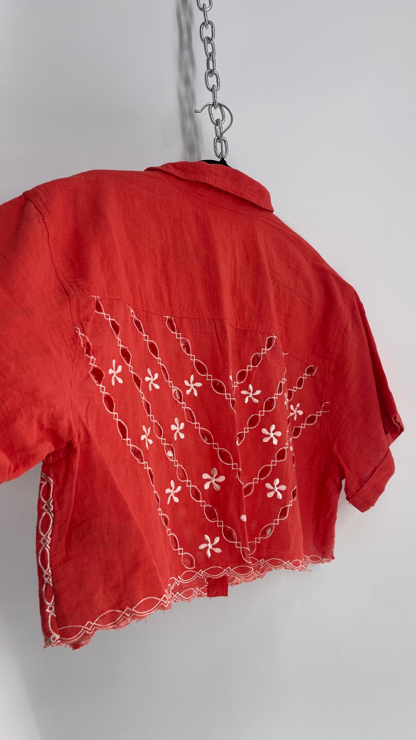Free People Coral Top with White Eyelet Lace Embroidery (XL)