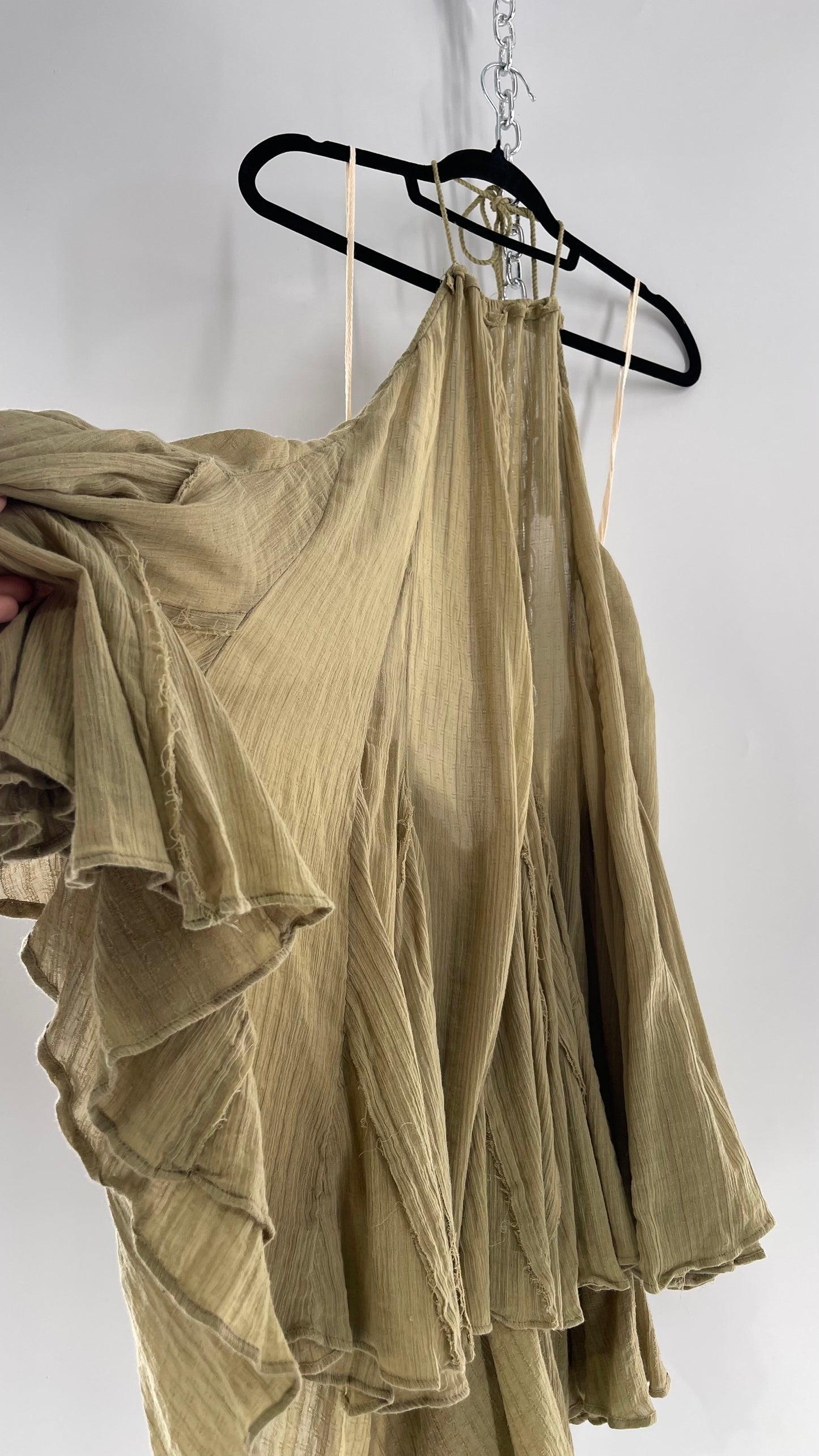 Free People Olive Sage Gauze/Cotton Halter Backless Dress (M)