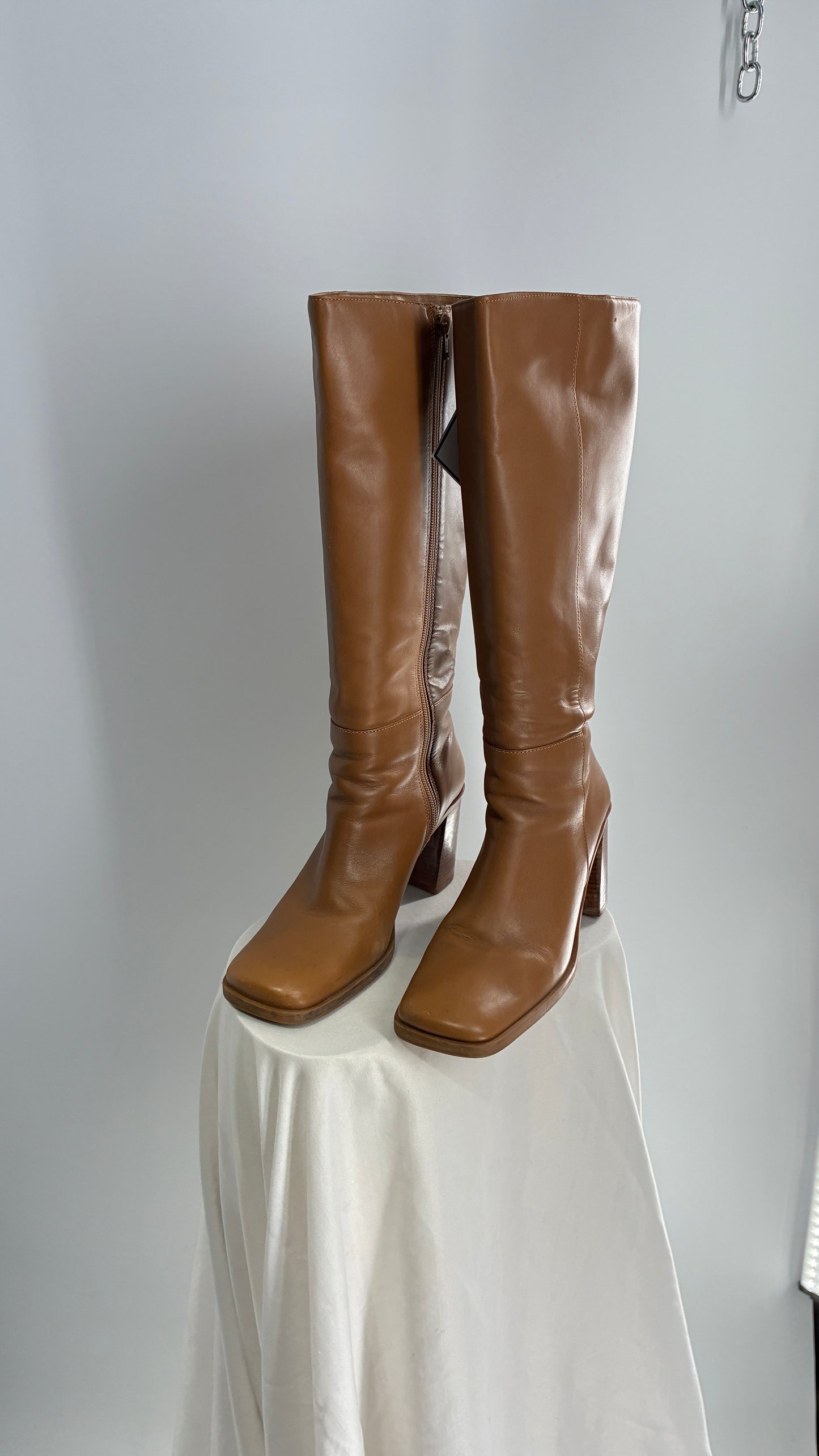 Vintage Strive Genuine Leather Square Toe Knee High Boots with Chunky Block Heel Made in Uruguay (9.5)