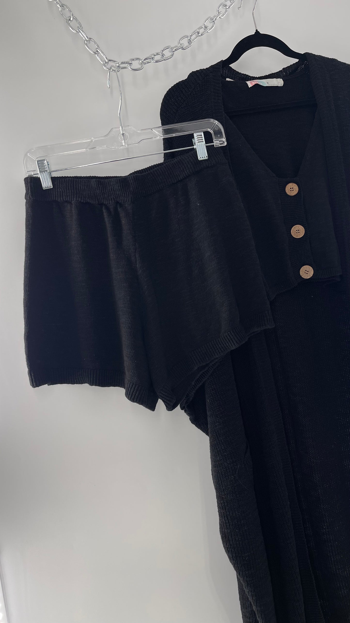 Free People Kai 3 piece Black Knit Cardigan, Tank, Shorts Set with Extra Button Never Worn (Medium)