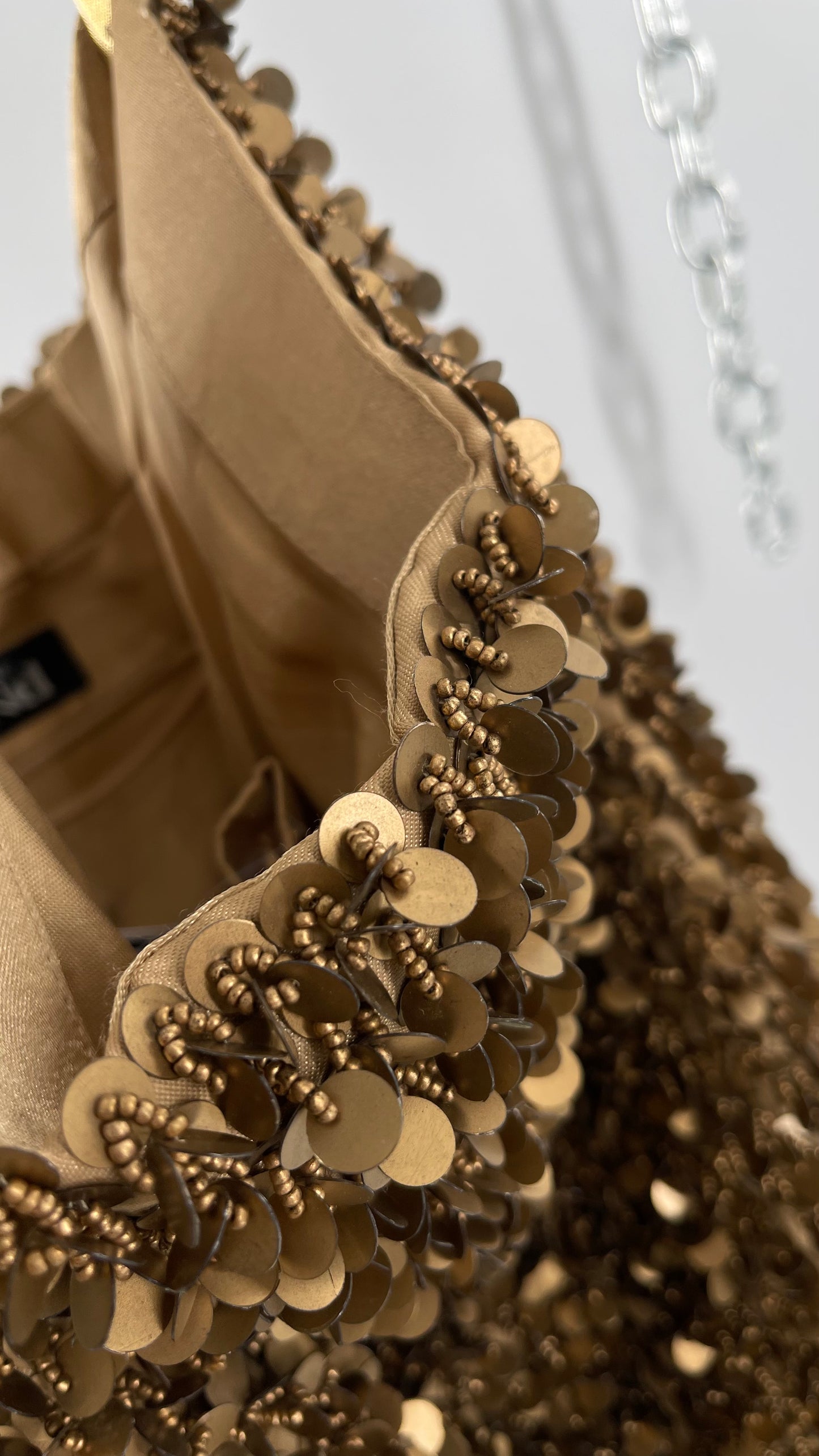 Deadstock The Find Marvelous Bronze Beaded Sequin Tote Bag with Gemstone Strap