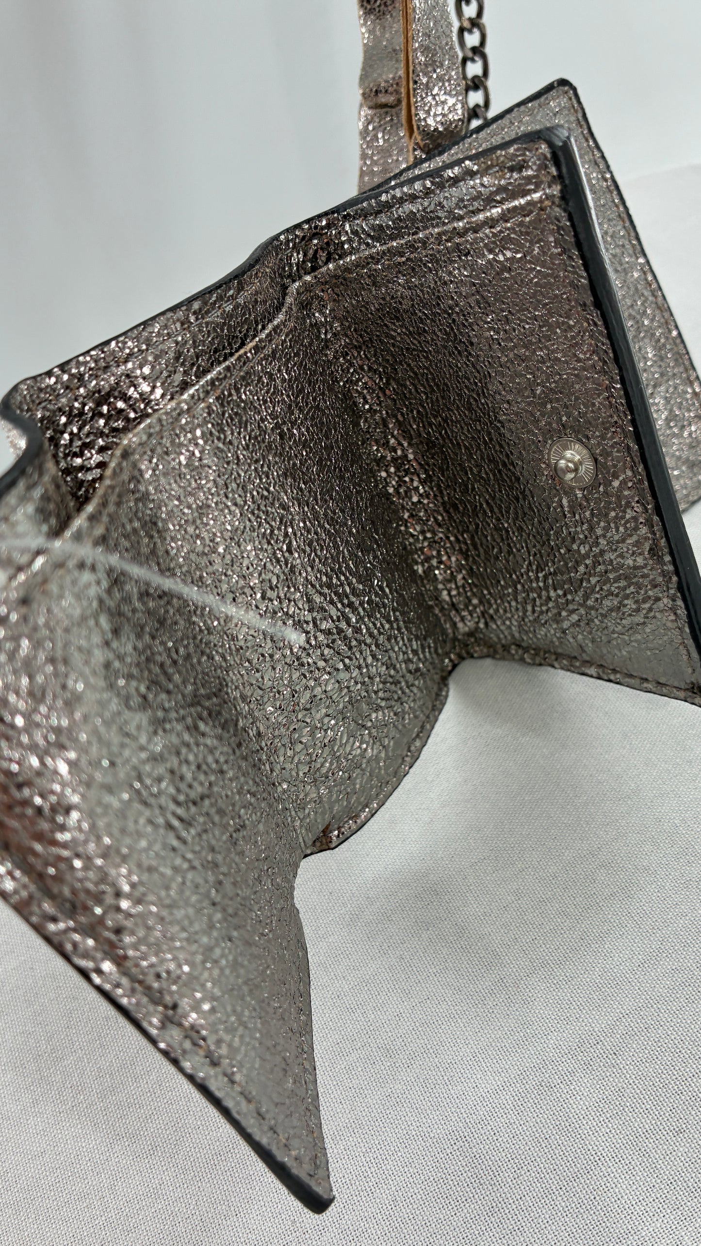 Free People Silver Gun Metal Metallic Goat Leather Wallet with Leather and Chain Straps