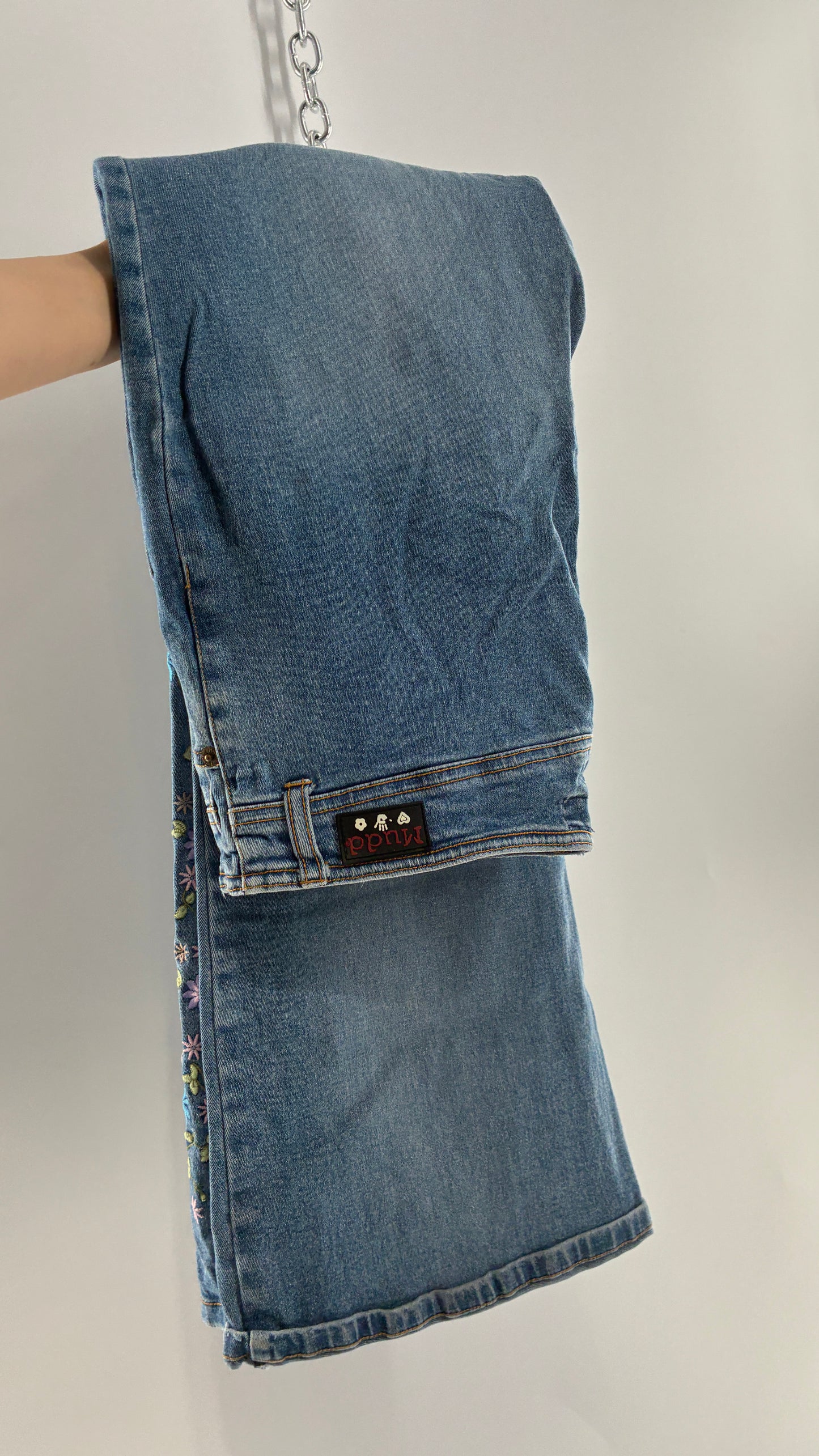 Vintage MUDD Light Wash, Low Rise Jeans with Grommet Waistband and Embroidered Florals (11)