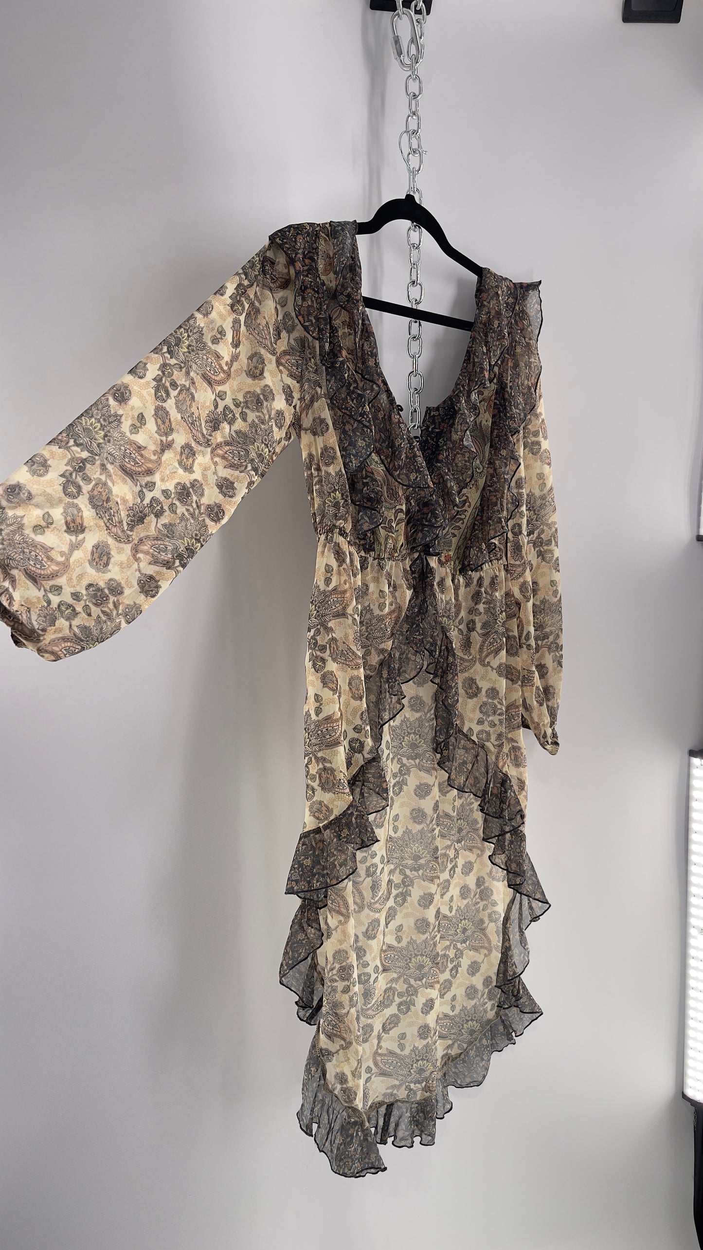 Free People Let Me Be Paisley Dual Toned High Low Sweeping Cape with Ruffled Bust and Hemline with Tags Attached (Small)