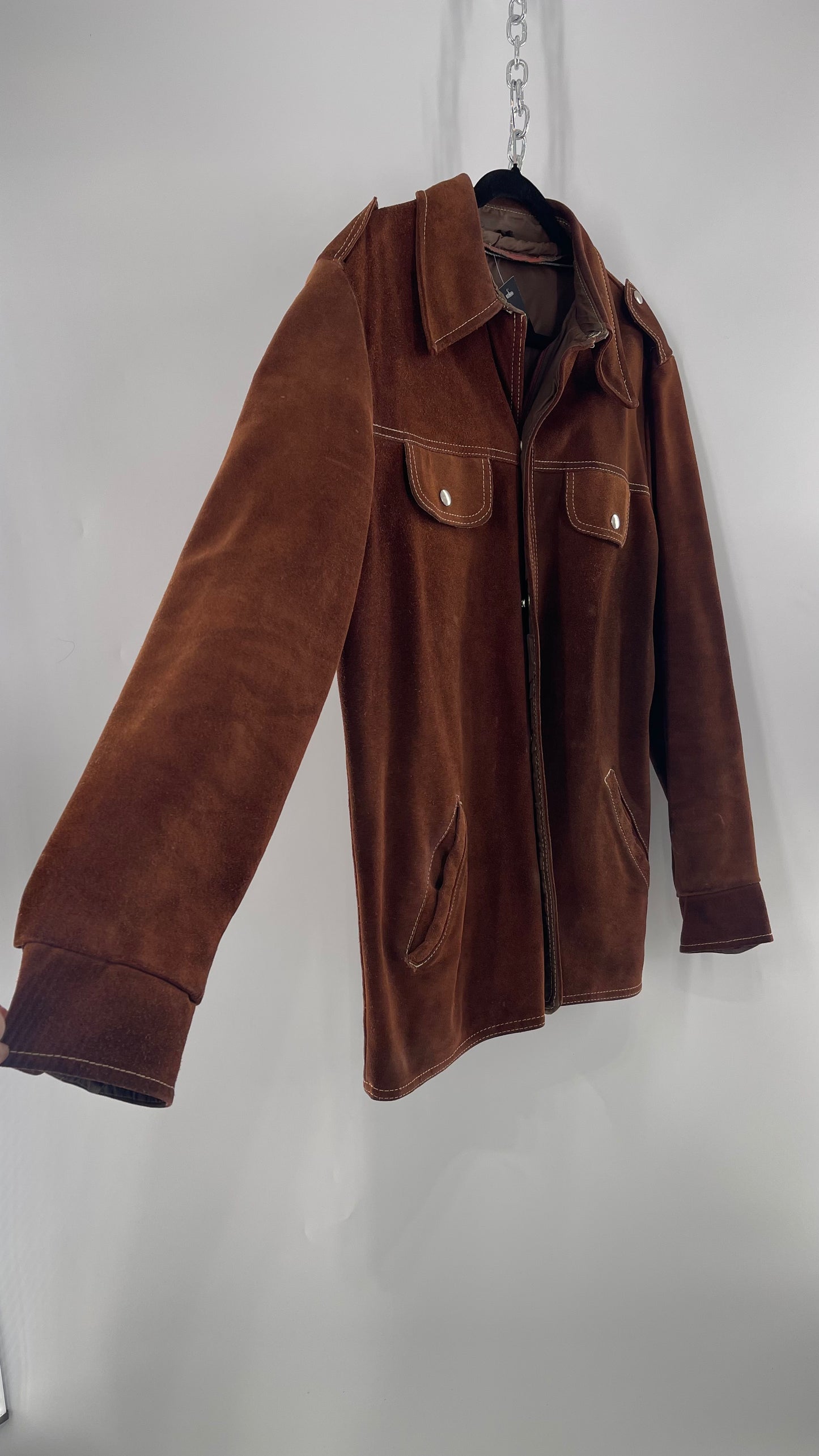 Vintage Brown Suede Jacket with Contrast White Stitching (C)(Large)