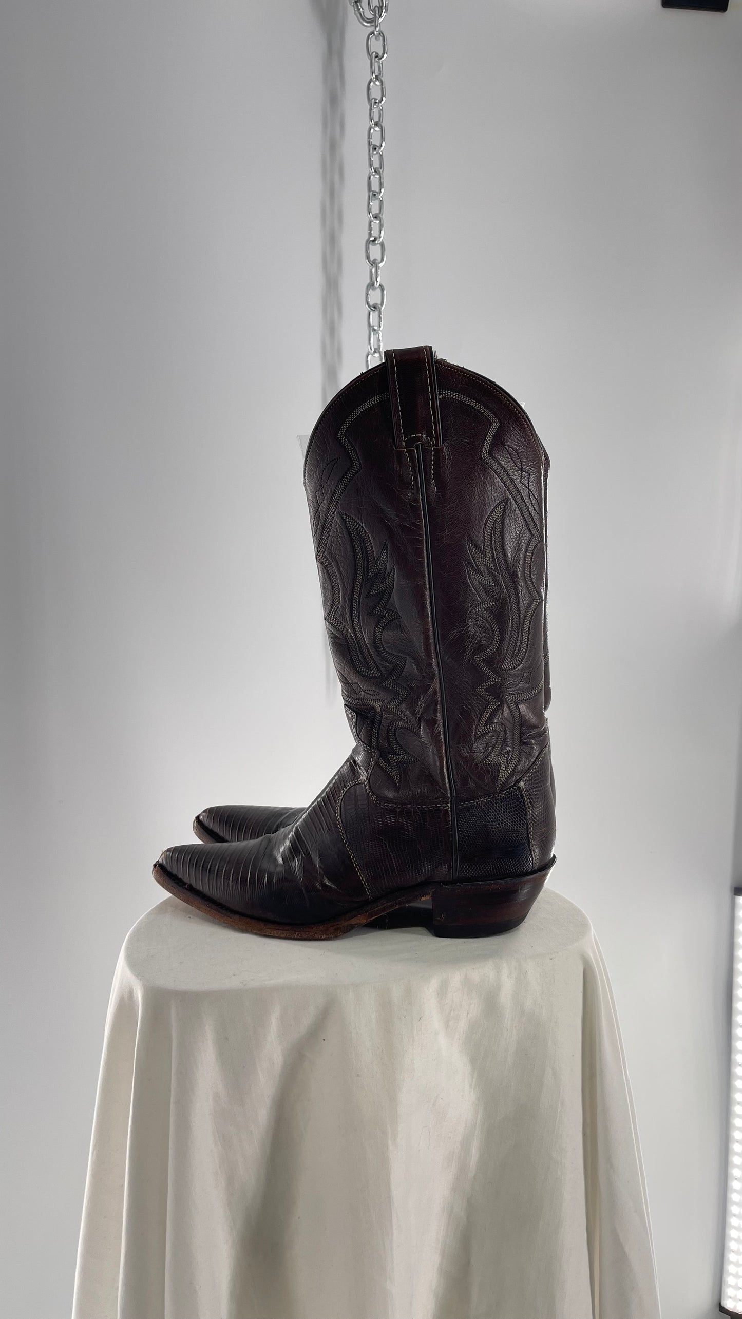 Vintage JUSTIN Dark Brown Leather/Lizard Pointed Toe Cowboy Boots Worn In (7.5)