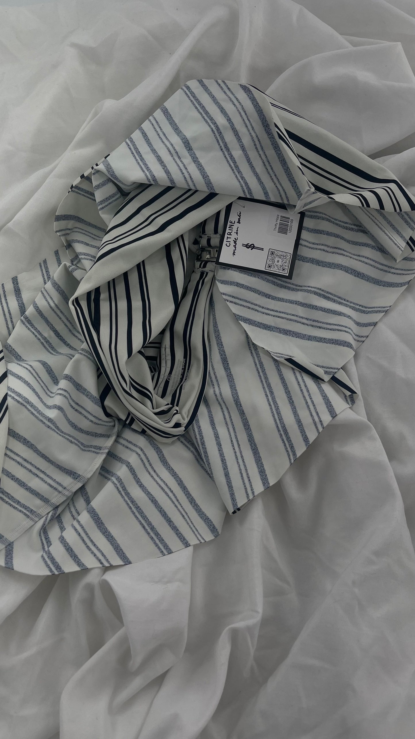 Anthropologie Citrine Made in Bali White/Black Striped Bandeau Swim Top with Ruffle (Small)