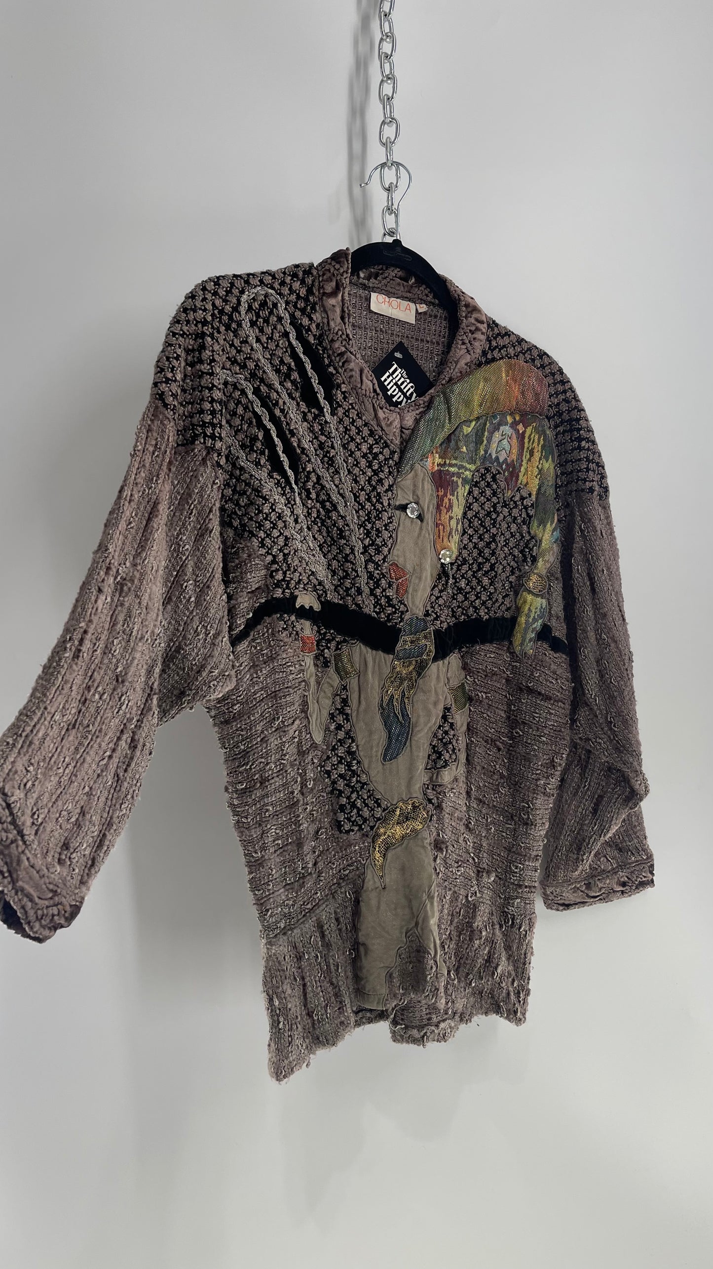 Vintage CHOLA Grey 1980s Patchwork Sweater (Large)