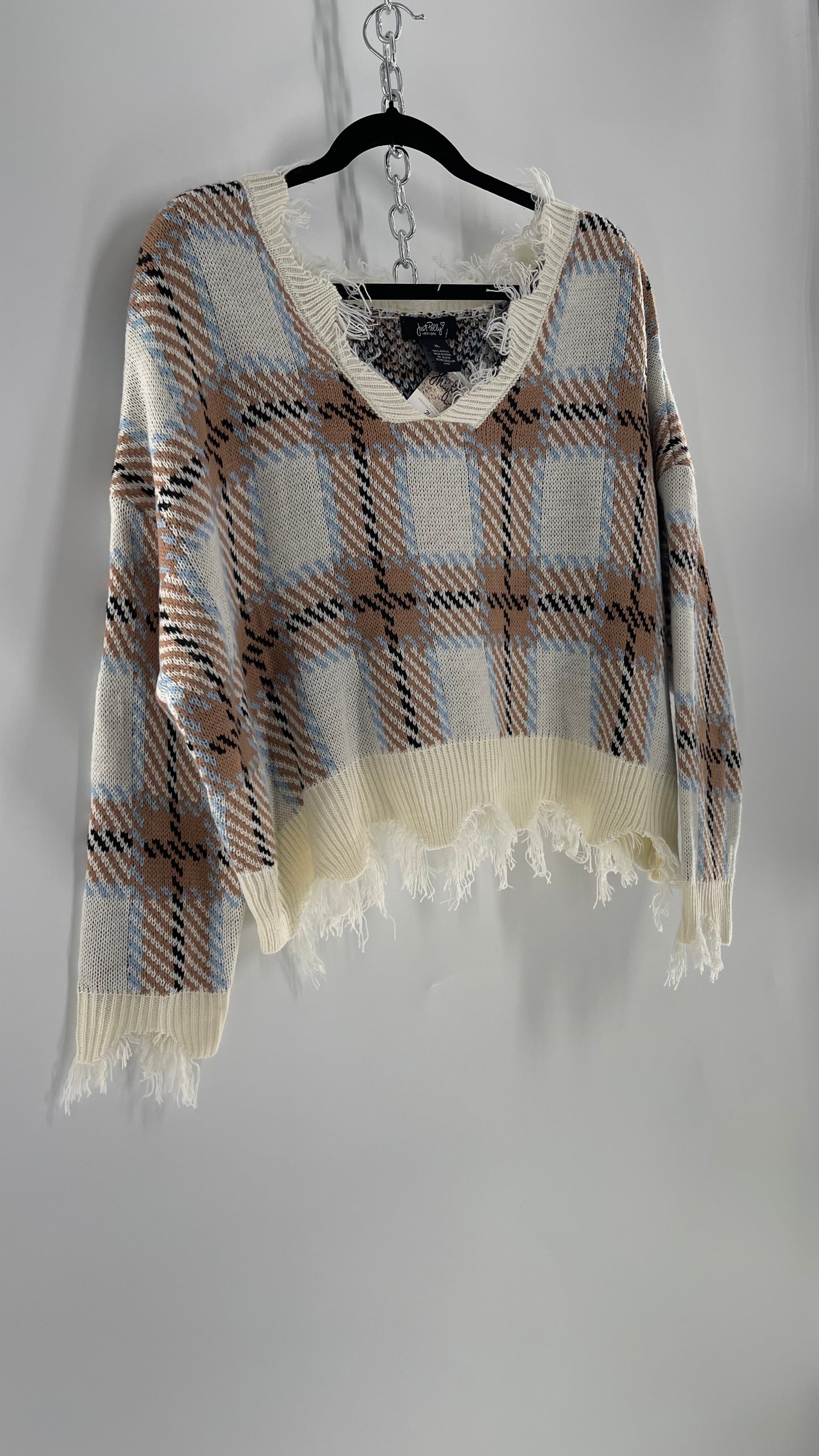 Fashion Nova Plaid Powder Blue/Tan Distressed Sweater