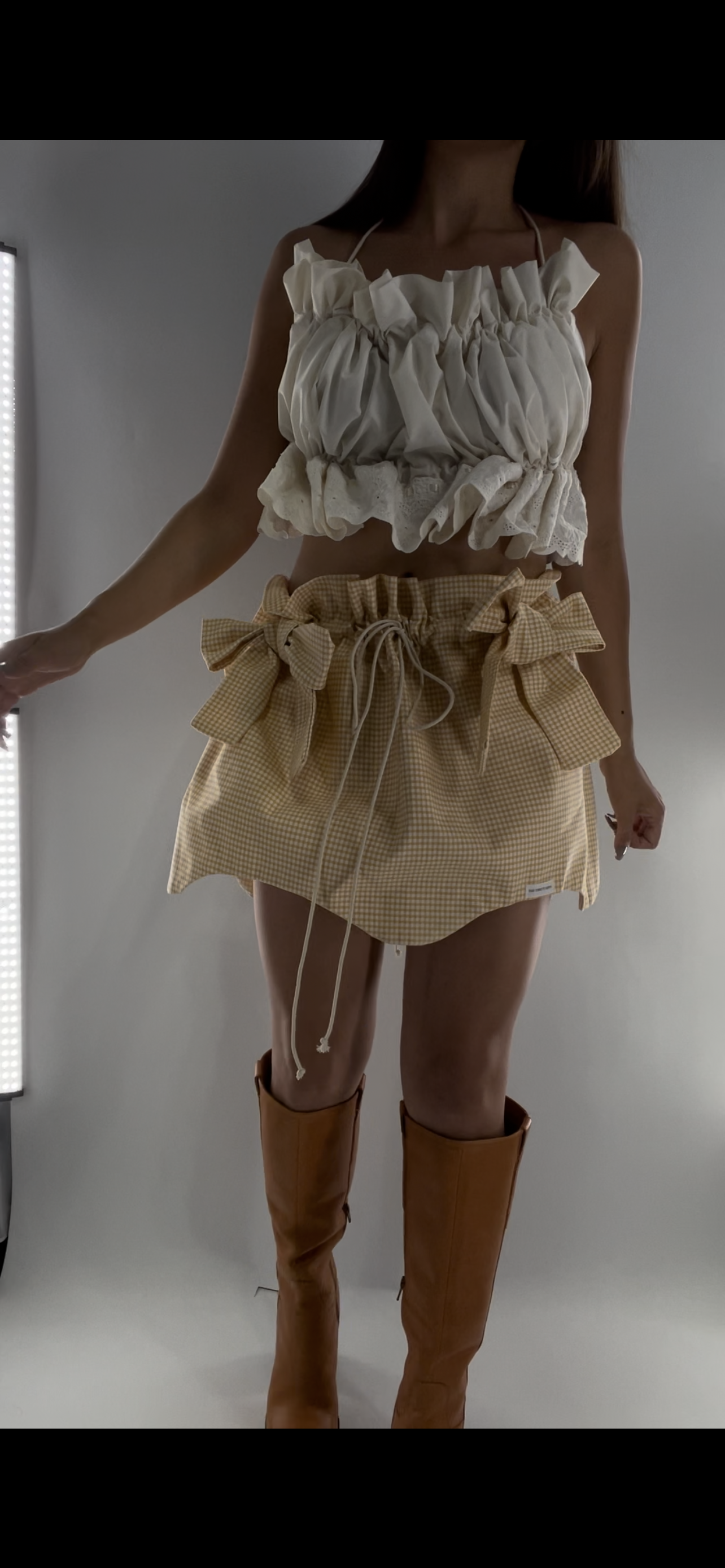 Handmade Vintage Yellow Gingham Skirt with Oversized Bows, and Soft Sloped Hem (One Size)