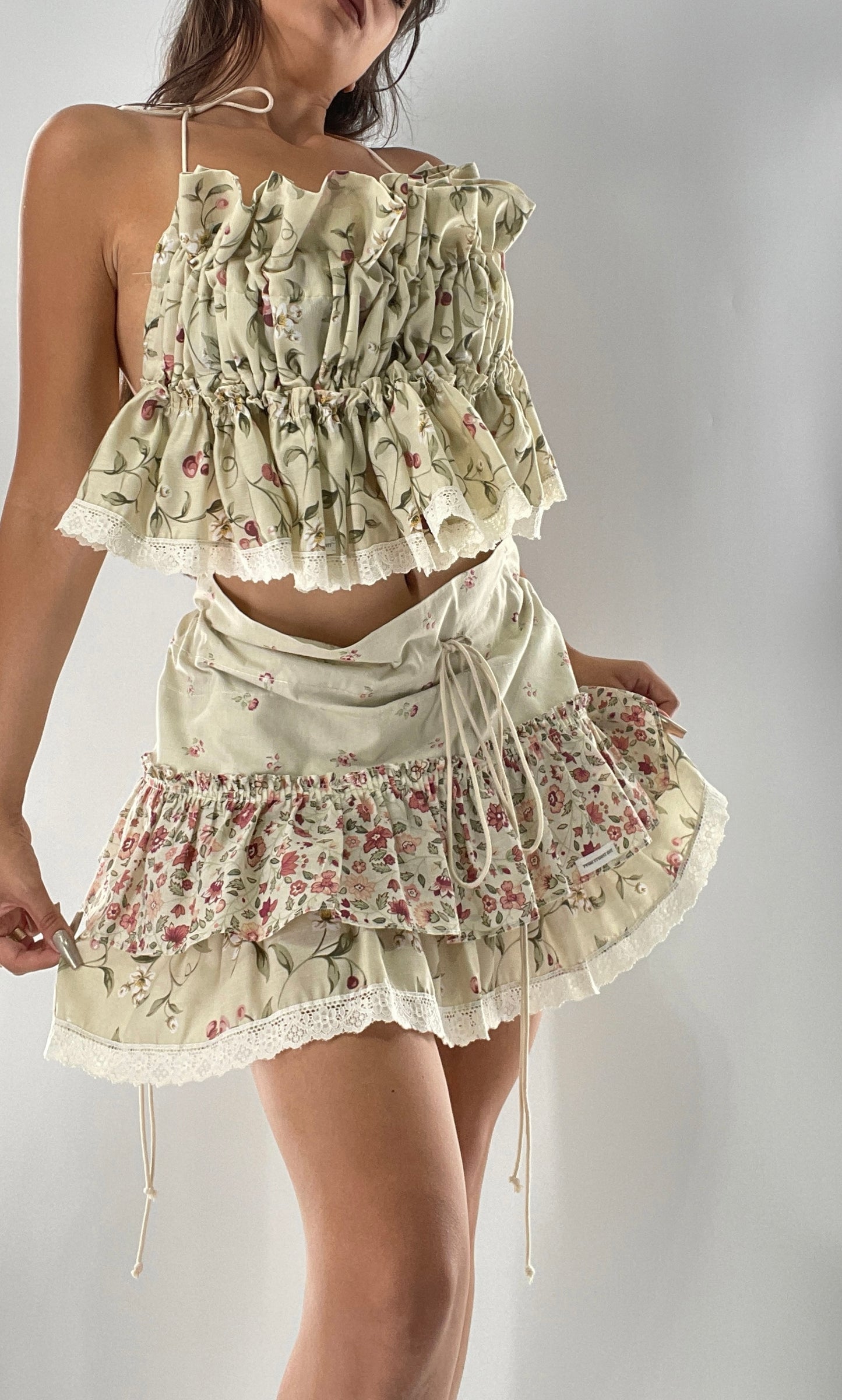 Vintage Cherry Cottage Set with Tiered Ruffled Skirt and Ruched, Backless Top (One Size)